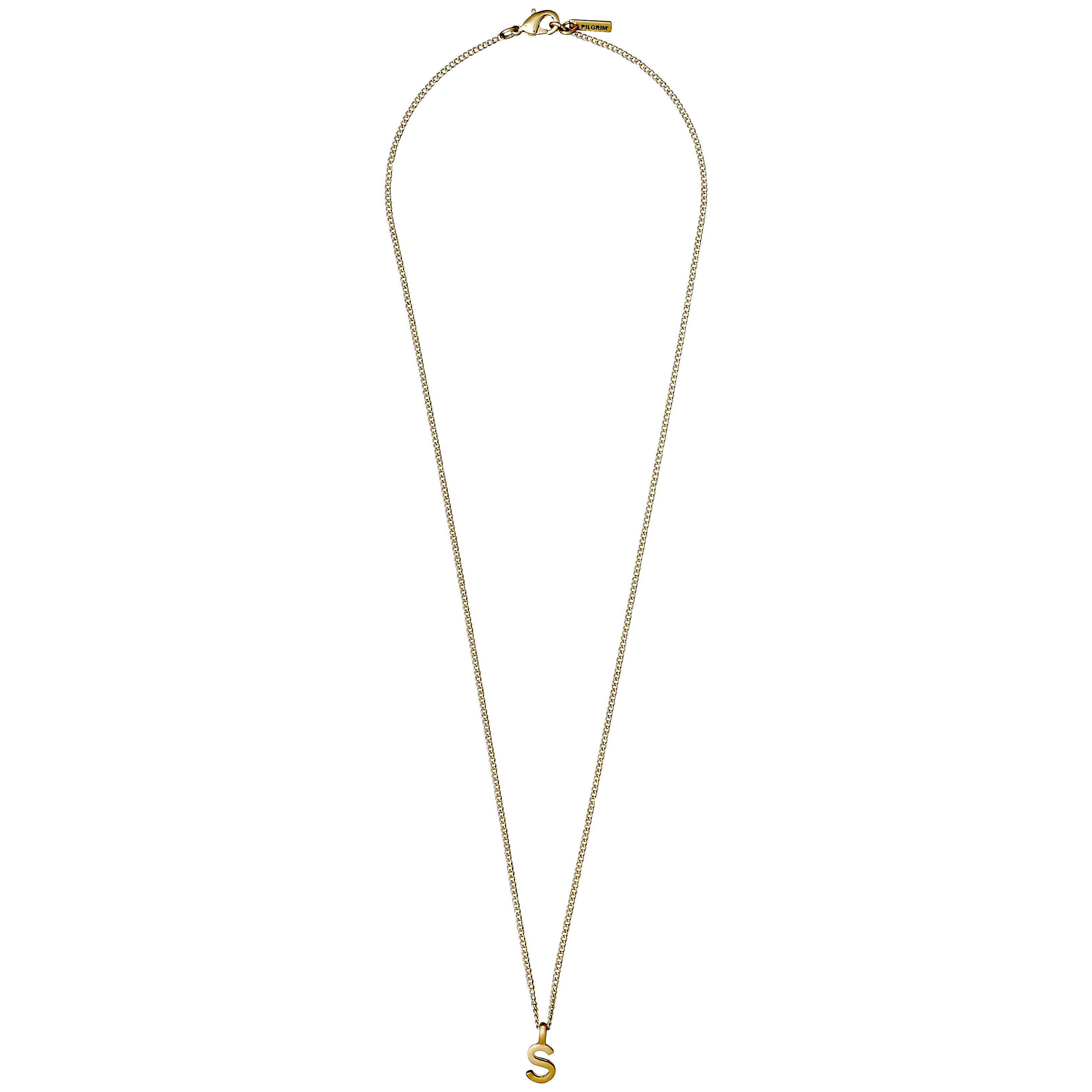 Gold-plated CHARM necklace with an S pendant; features a fine chain, lobster clasp, and PILGRIM tag, offering personalized elegance to your jewellery collection.