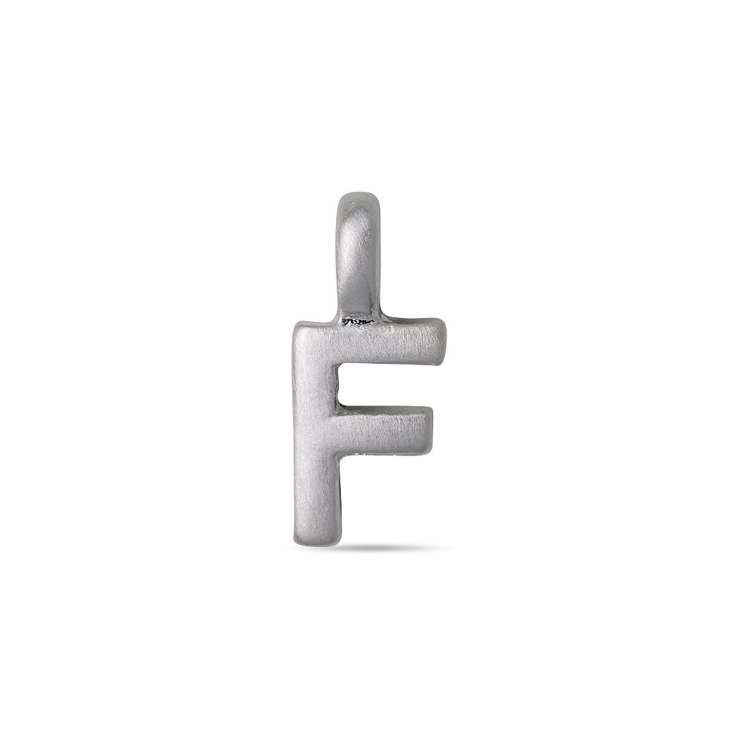 Silver-plated CHARM F pendant, showcasing a sleek metallic letter F design, perfect for personalized jewelry. Ideal for individual wear or combining with other letter charms.