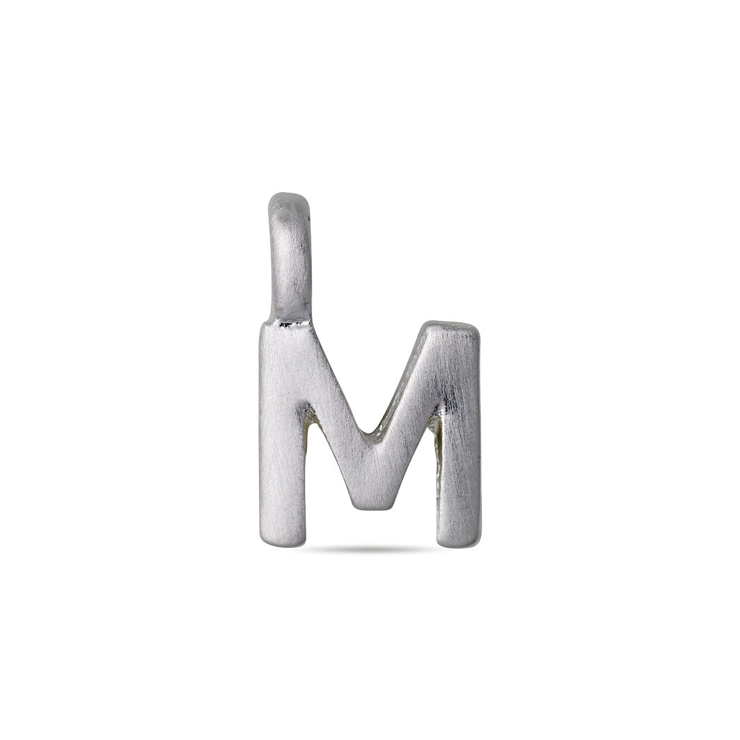 Silver-plated CHARM M pendant in brushed metal, featuring a capital M with a top loop for chains, perfect for personalized jewellery collections.