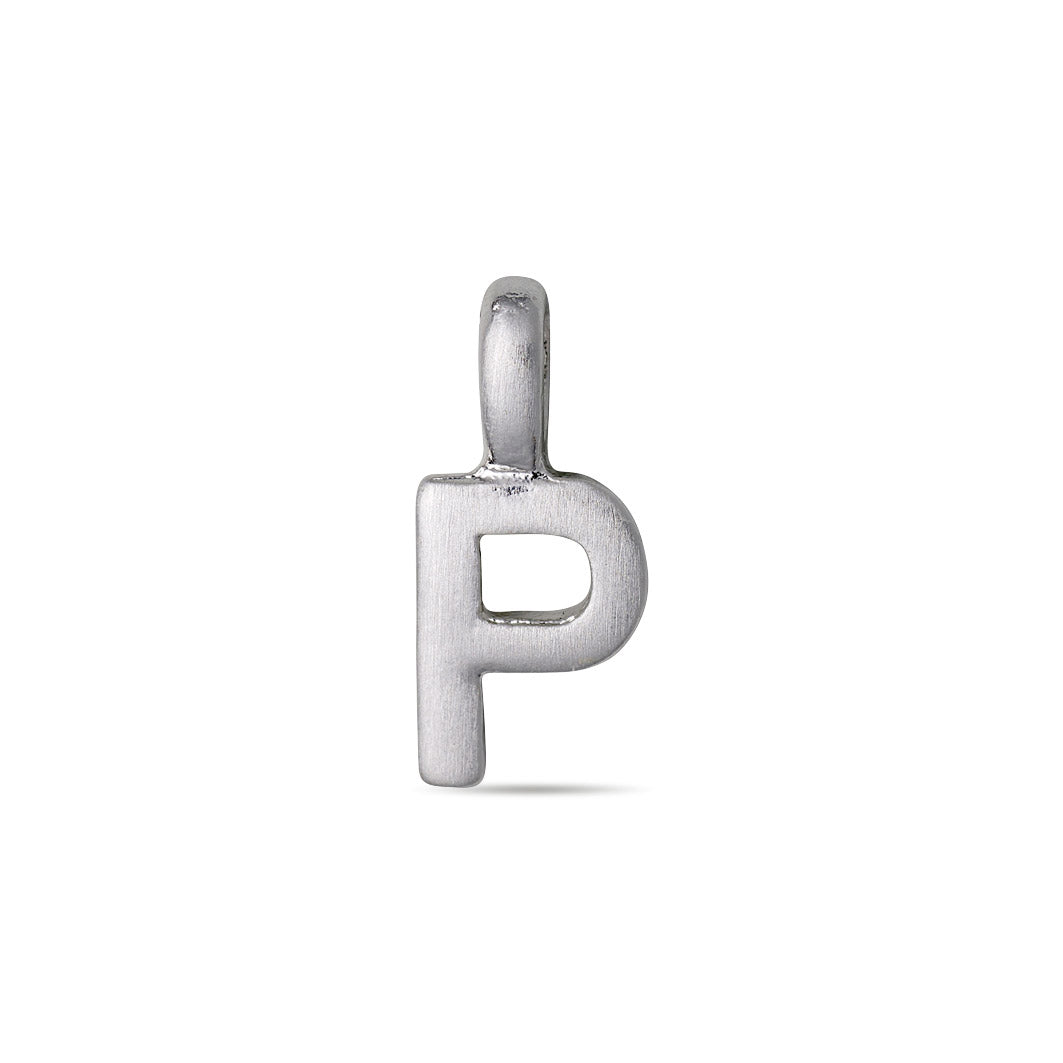 Silver-plated CHARM P pendant, featuring a sleek design with a loop for easy attachment, perfect for personalizing necklaces or bracelets with a stylish, bespoke touch.