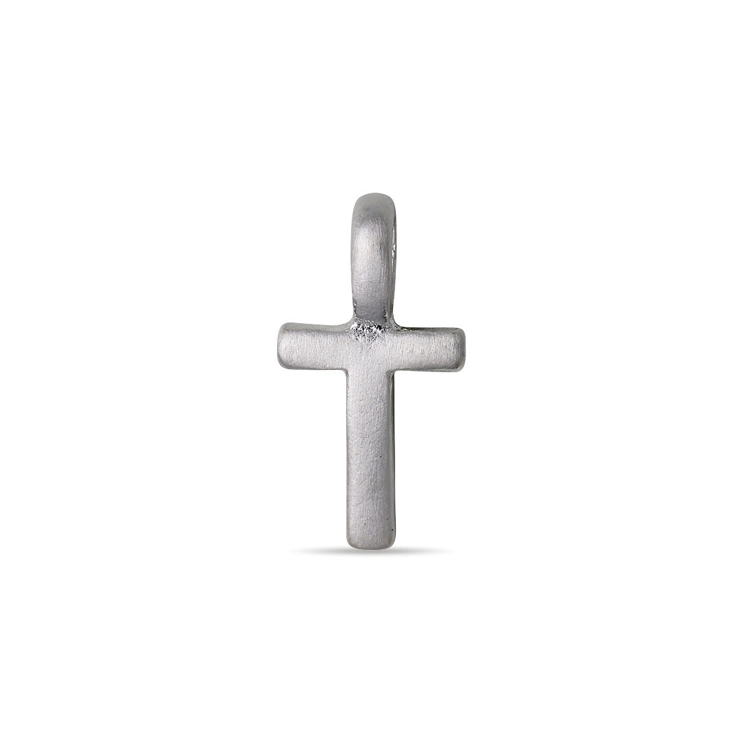 Silver-plated CHARM T pendant shaped like a cross, featuring a matte finish and a loop for chaining, ideal for personalizing your jewellery with a subtle, bespoke touch.