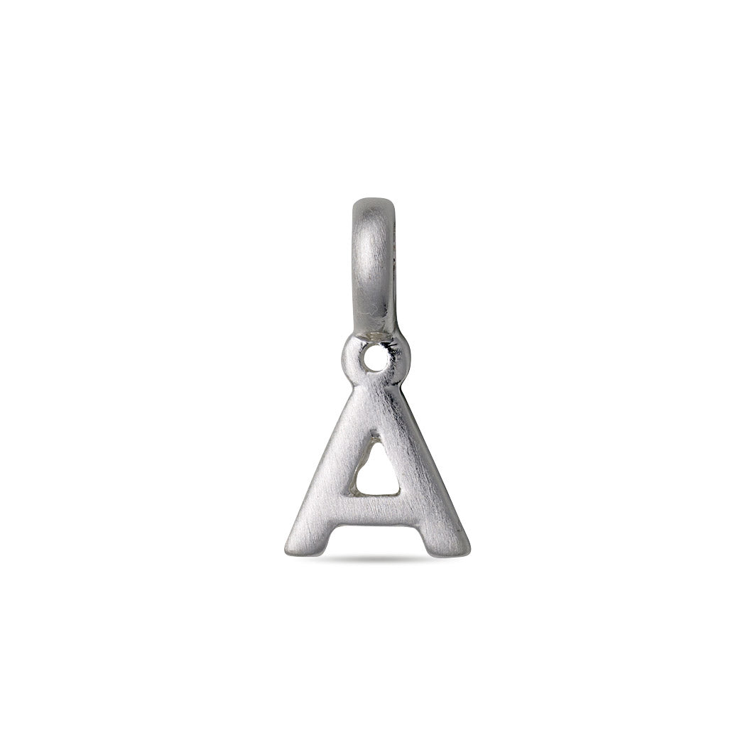 Silver-plated CHARM Å pendant, brushed-finish, shaped like an A with a loop for threading on chains or bracelets, offering a personalized jewelry touch.