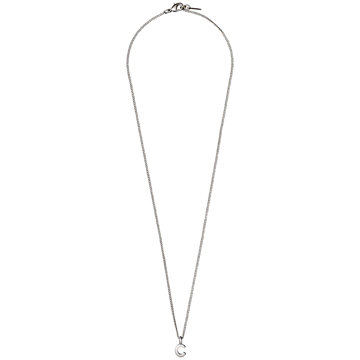 Silver-plated CHARM necklace featuring a fine chain with a small C initial pendant, perfect for personalized styling and adding a bespoke touch to your jewelry collection.