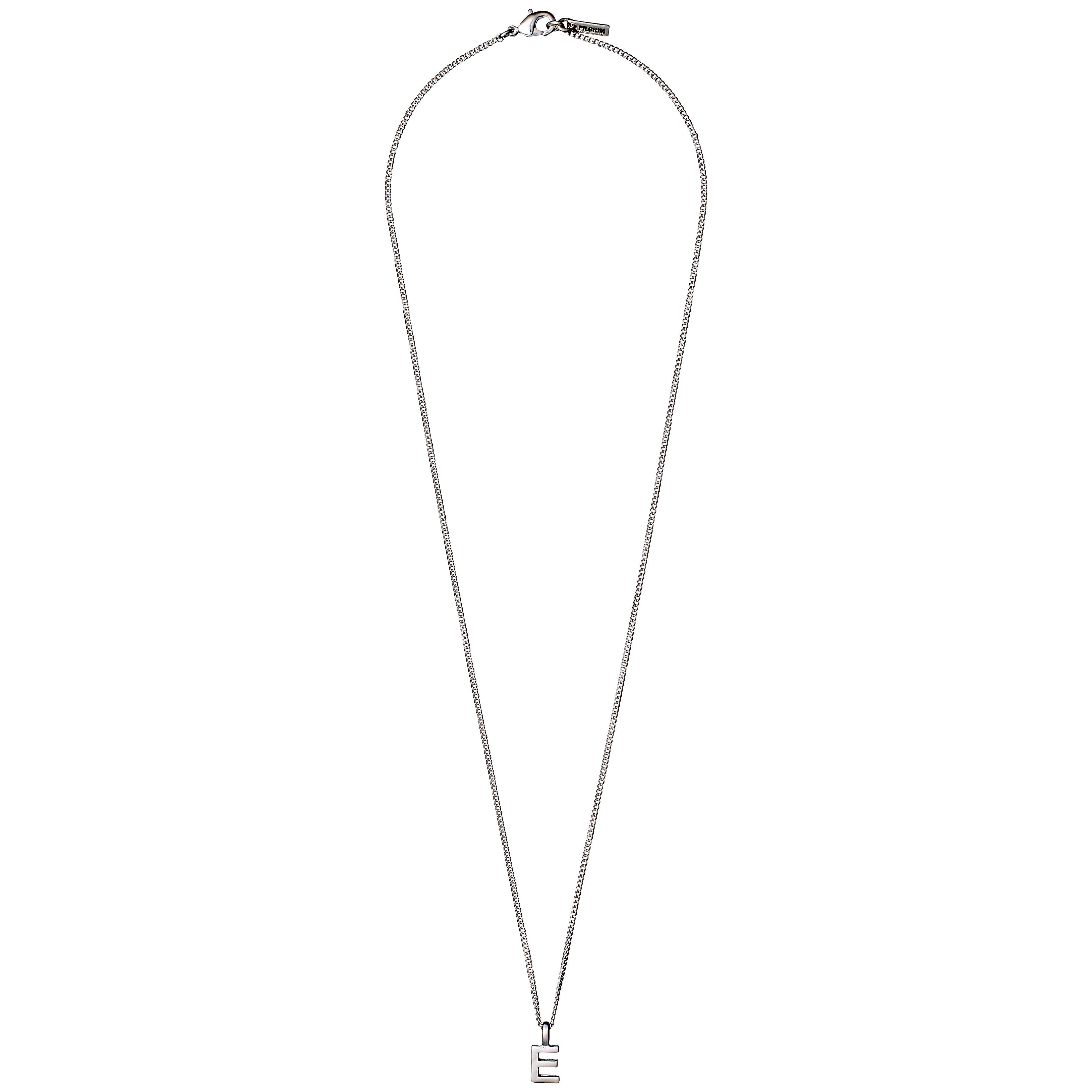 CHARM necklace with E pendant, silver-plated. Delicate curb-style chain, 43 cm, made from 99% recycled materials. Features a lobster-style clasp for secure fastening.