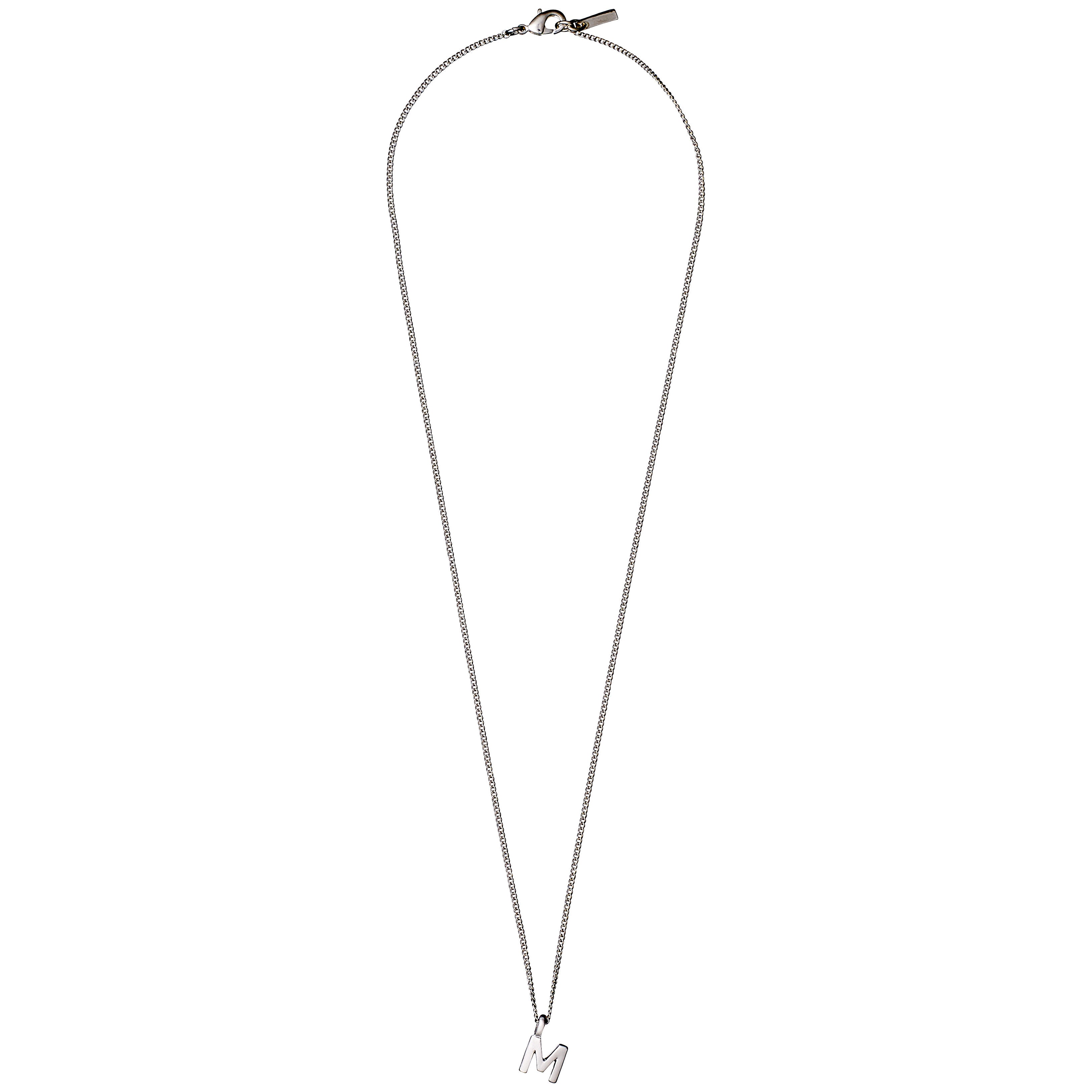 Silver-plated CHARM necklace featuring an M pendant on a delicate chain with a lobster clasp, offering a personalized touch to any jewellery collection.