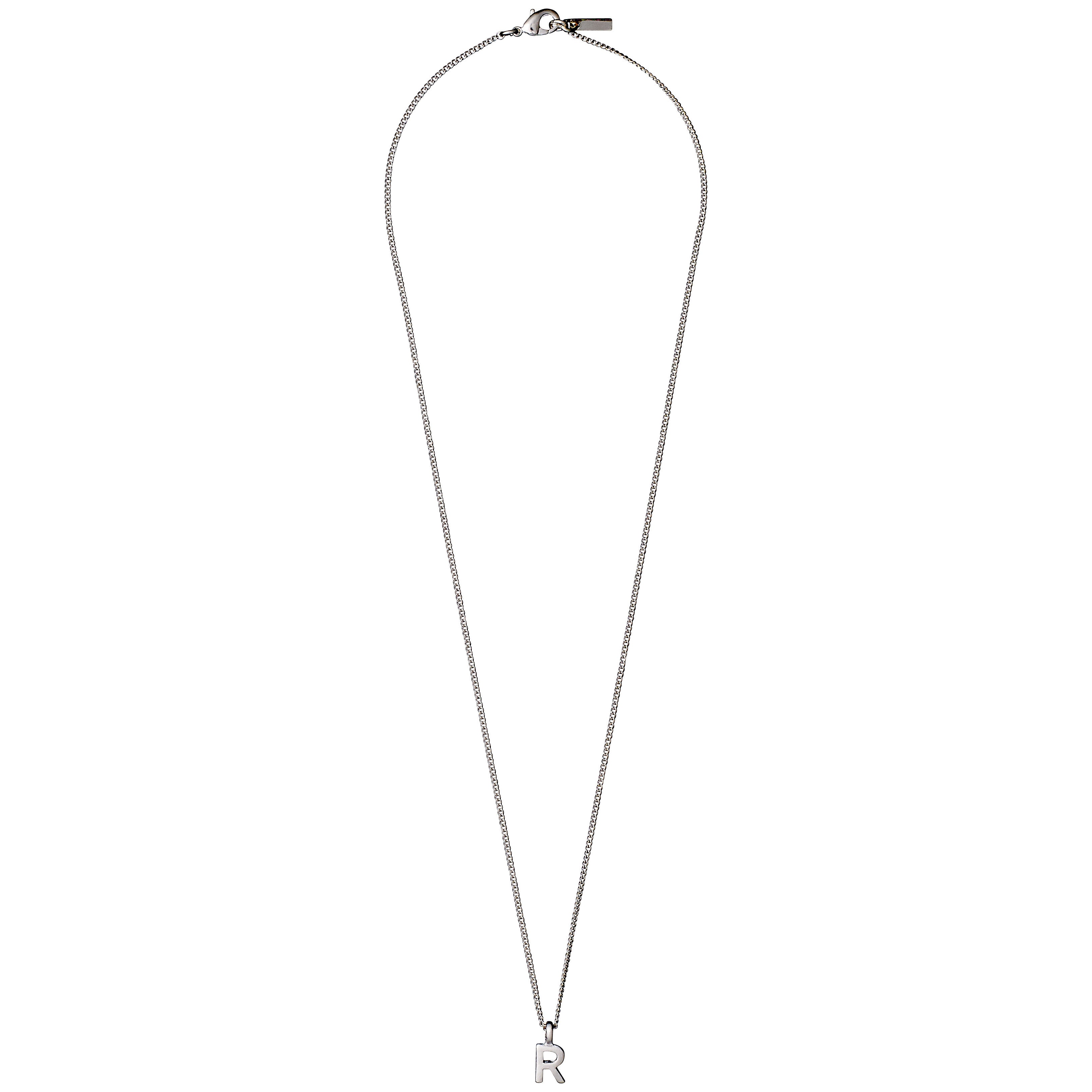 Silver-tone CHARM necklace with R pendant, featuring a delicate chain and lobster-claw clasp, perfect for personalized style at 43 cm length.