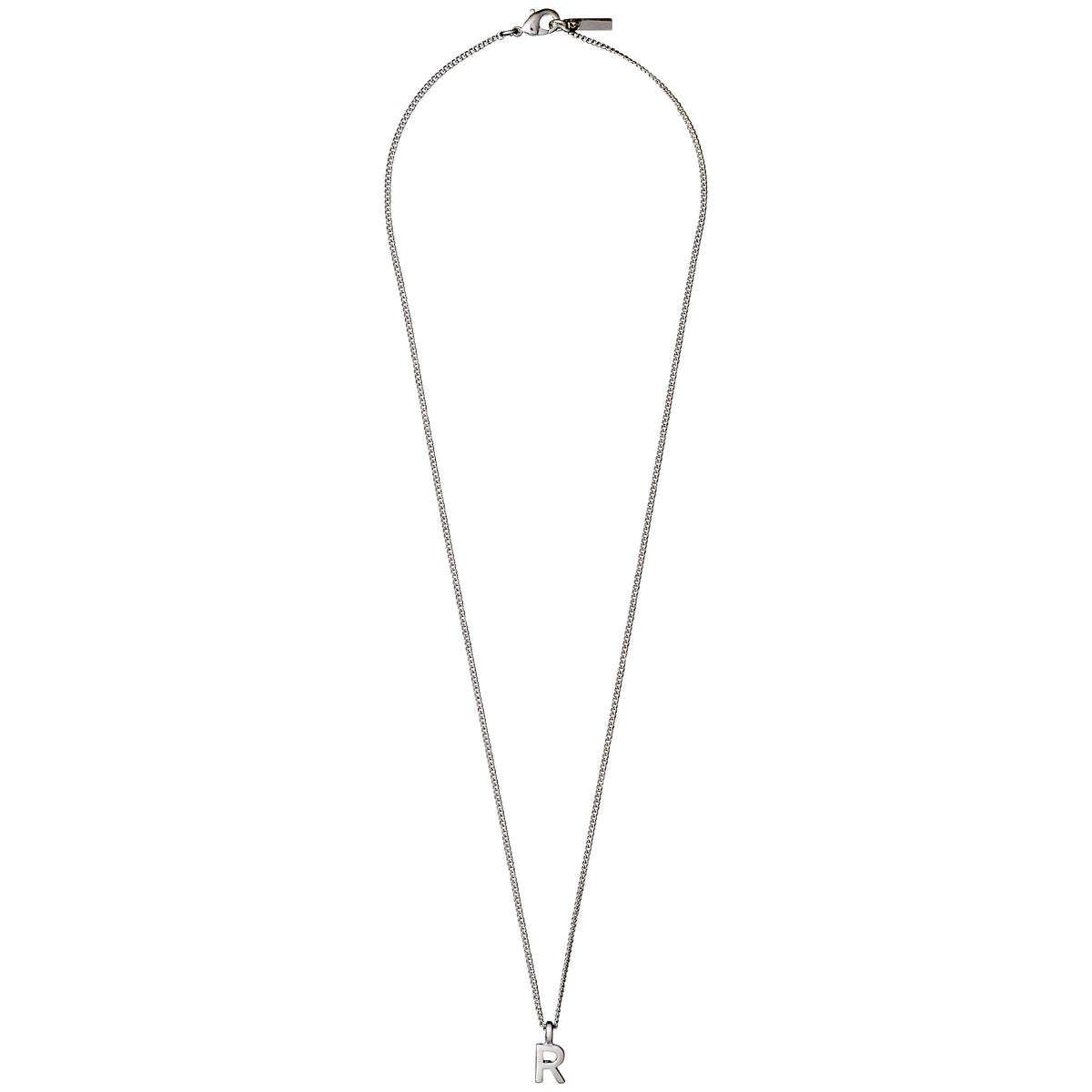 Silver-tone CHARM necklace with R pendant, featuring a delicate chain and lobster-claw clasp, perfect for personalized style at 43 cm length.
