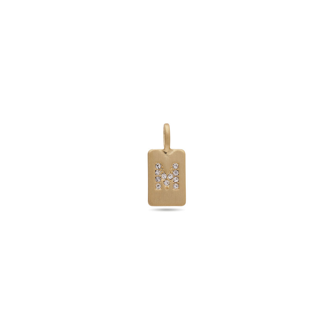 Gold-plated CHARM crystal M pendant with diamond accents, featuring a satin matte surface. Ideal for personal style, it symbolizes elegance and individuality.