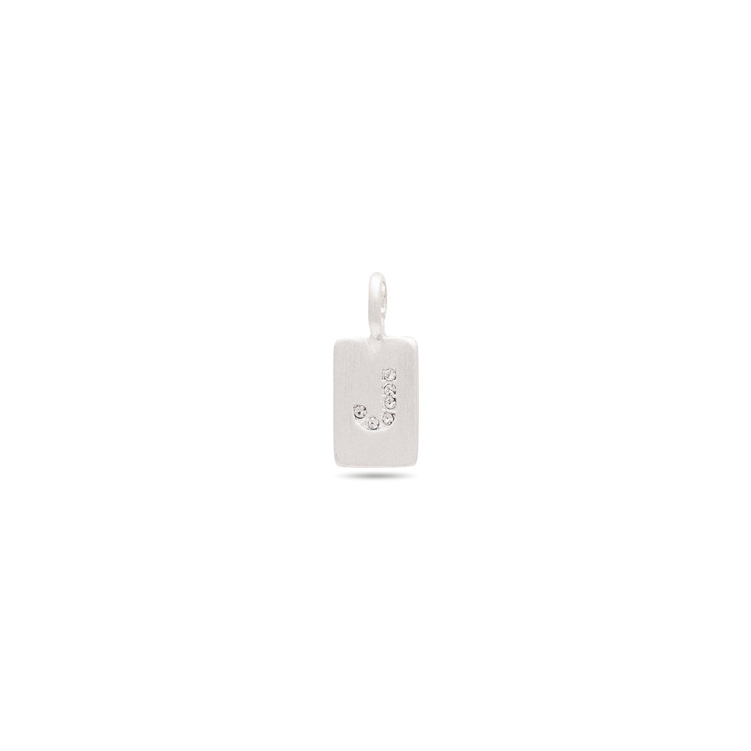 Silver-plated CHARM crystal J pendant with diamonds on a satin matt finish, ideal for bracelets or necklaces. Simple, minimalist design for personal expression.