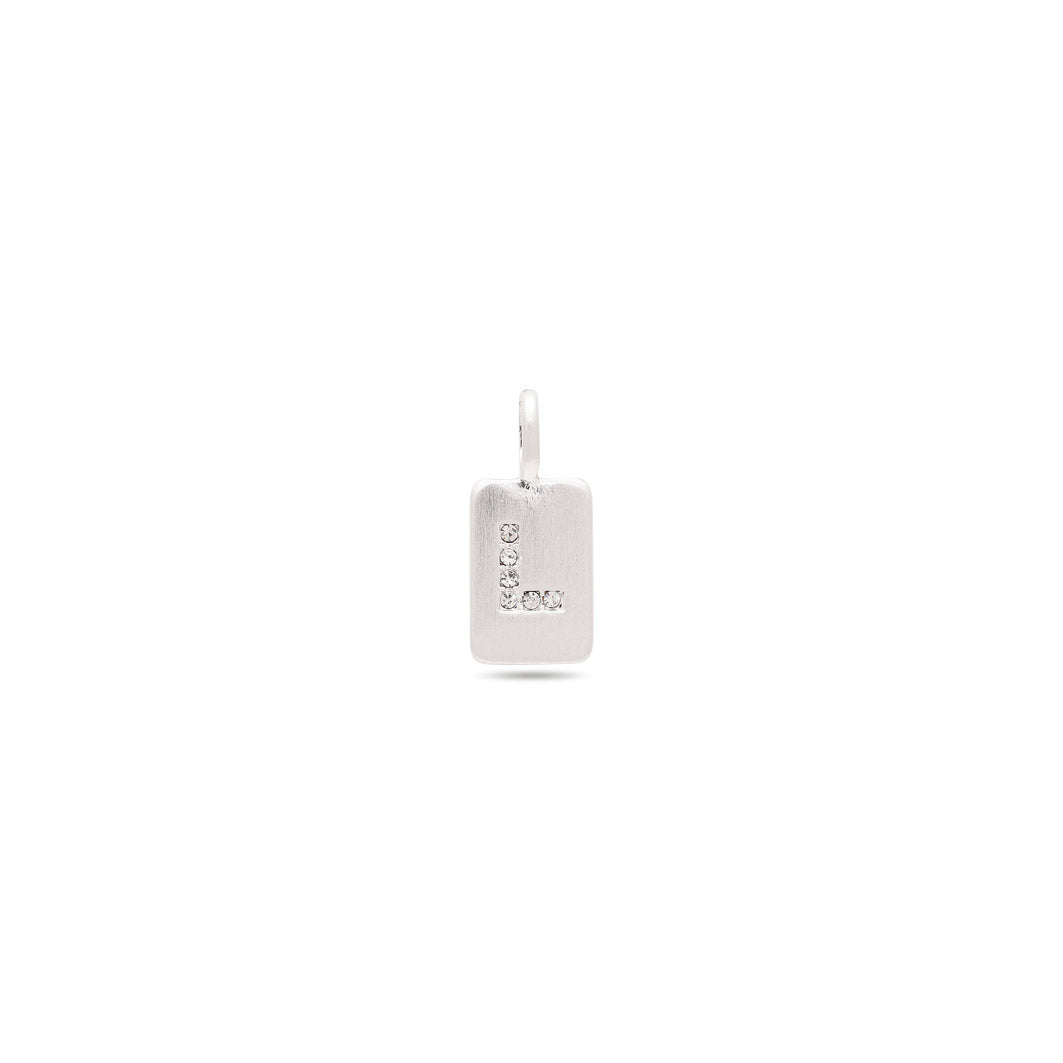 Silver-plated CHARM crystal L pendant with diamonds, featuring a minimalist design and satin matt surface, suitable for bracelets and necklaces.