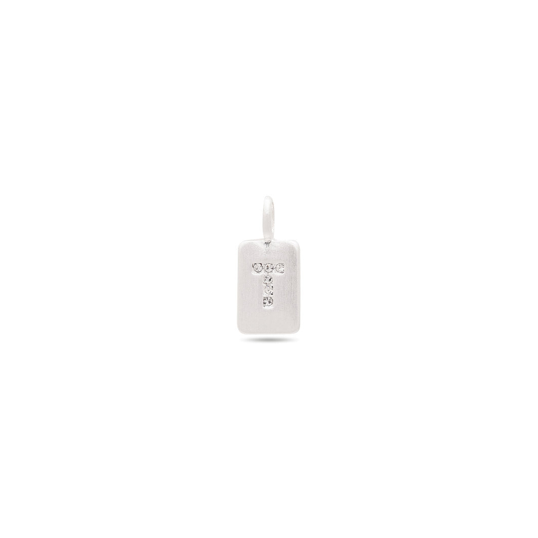 Silver-plated CHARM crystal T pendant with a minimalist design, featuring sparkling crystals on a satin matt surface, perfect for bracelets and necklaces.