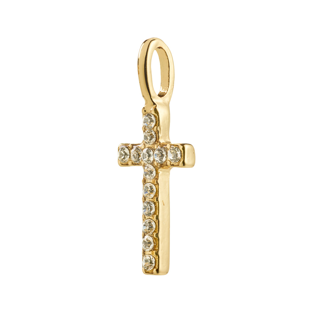 Gold-plated mini cross pendant with sparkling crystals, ideal for creating a personal, stylish statement. Perfect for chains or bracelets. Made from recycled materials.