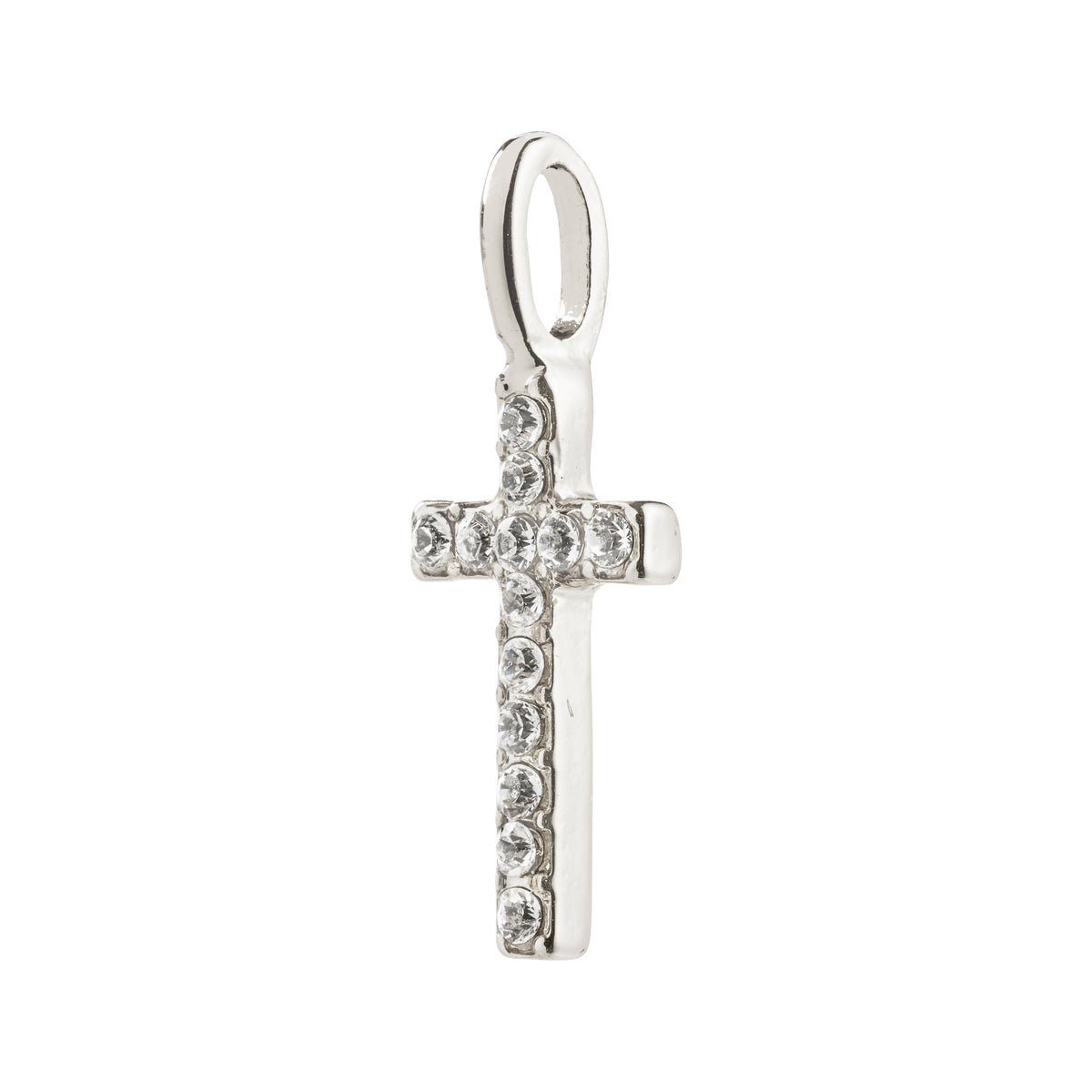 Silver-plated mini cross pendant adorned with sparkling crystals, ideal for creating personalized jewelry styles. Made from 98% recycled materials.