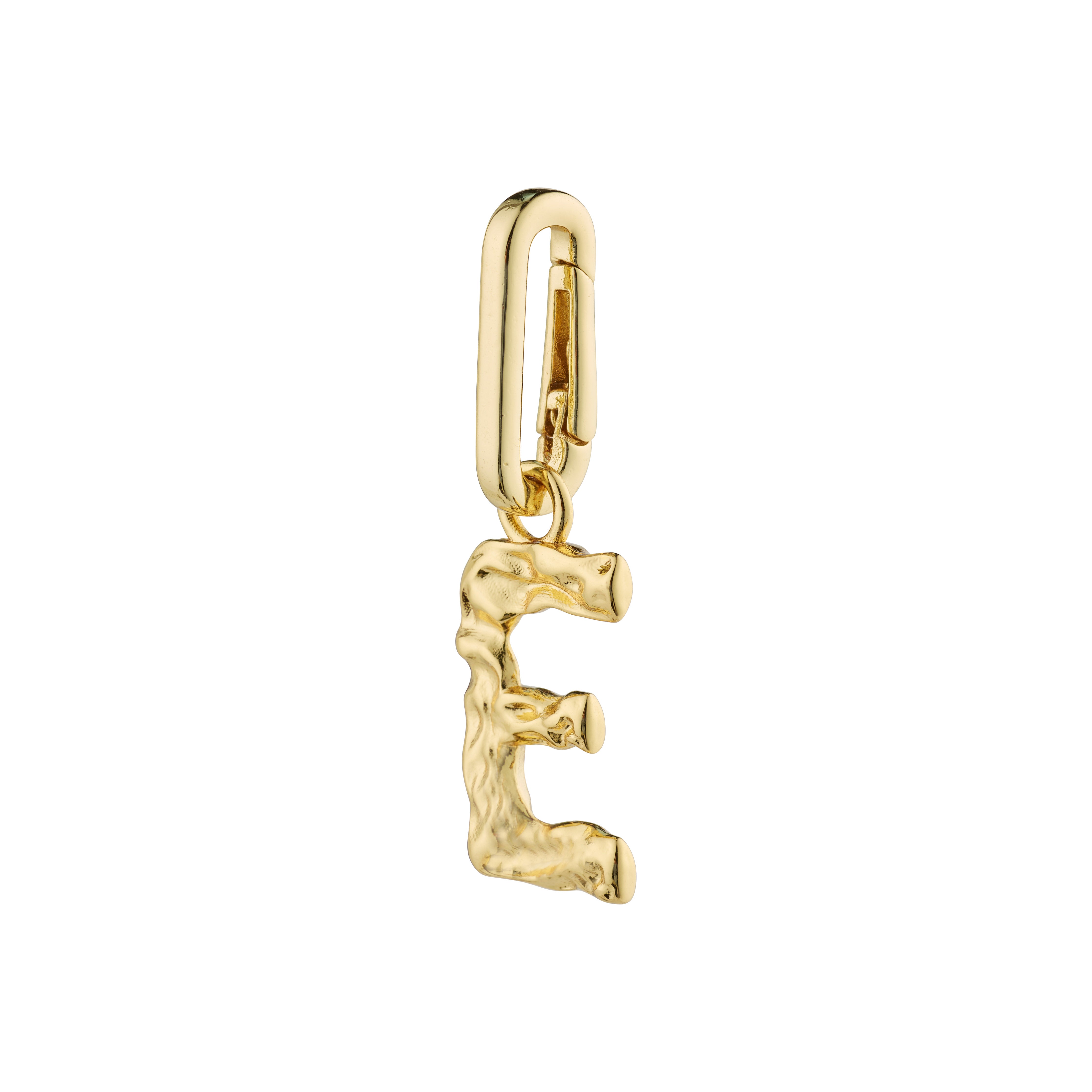 CHARM pendant E, gold-plated, by Pilgrim. Features a rustic, personalized design for unique styling; crafted from 99% recycled material. Perfect for customizable, eco-friendly fashion statements.
