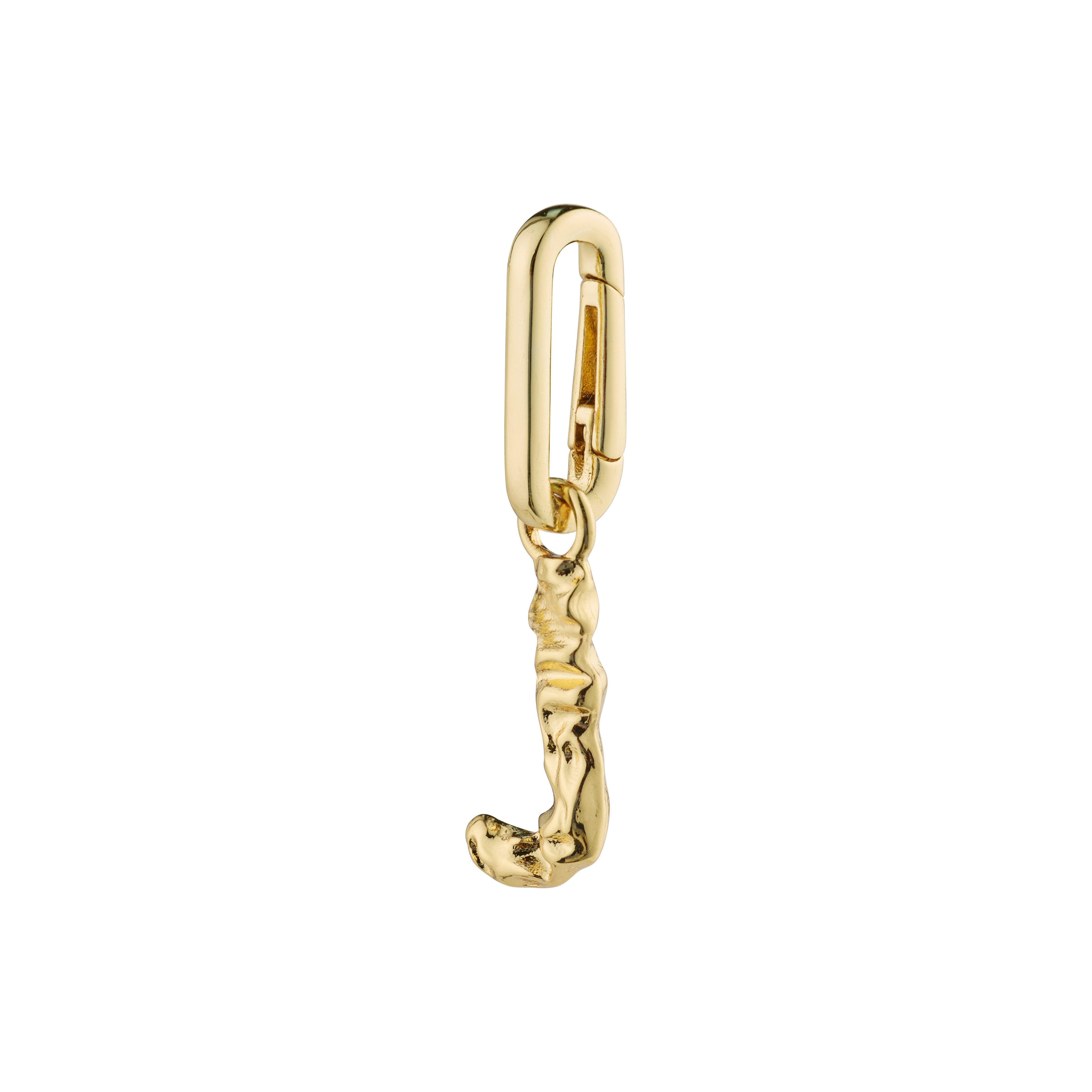 Gold-plated CHARM pendant J with a curved design, perfect for personalizing your style. Made from 99% recycled material, aligning with Pilgrim's sustainable ethos.