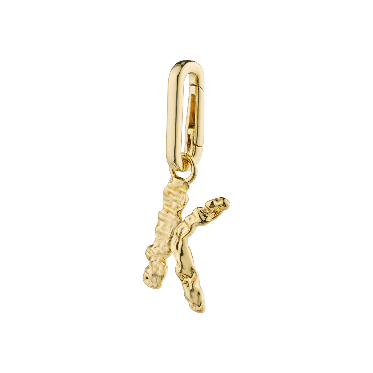 Gold-plated CHARM pendant 'K' by Pilgrim, featuring a rustic design perfect for personalizing with a chunky chain or leather cord.