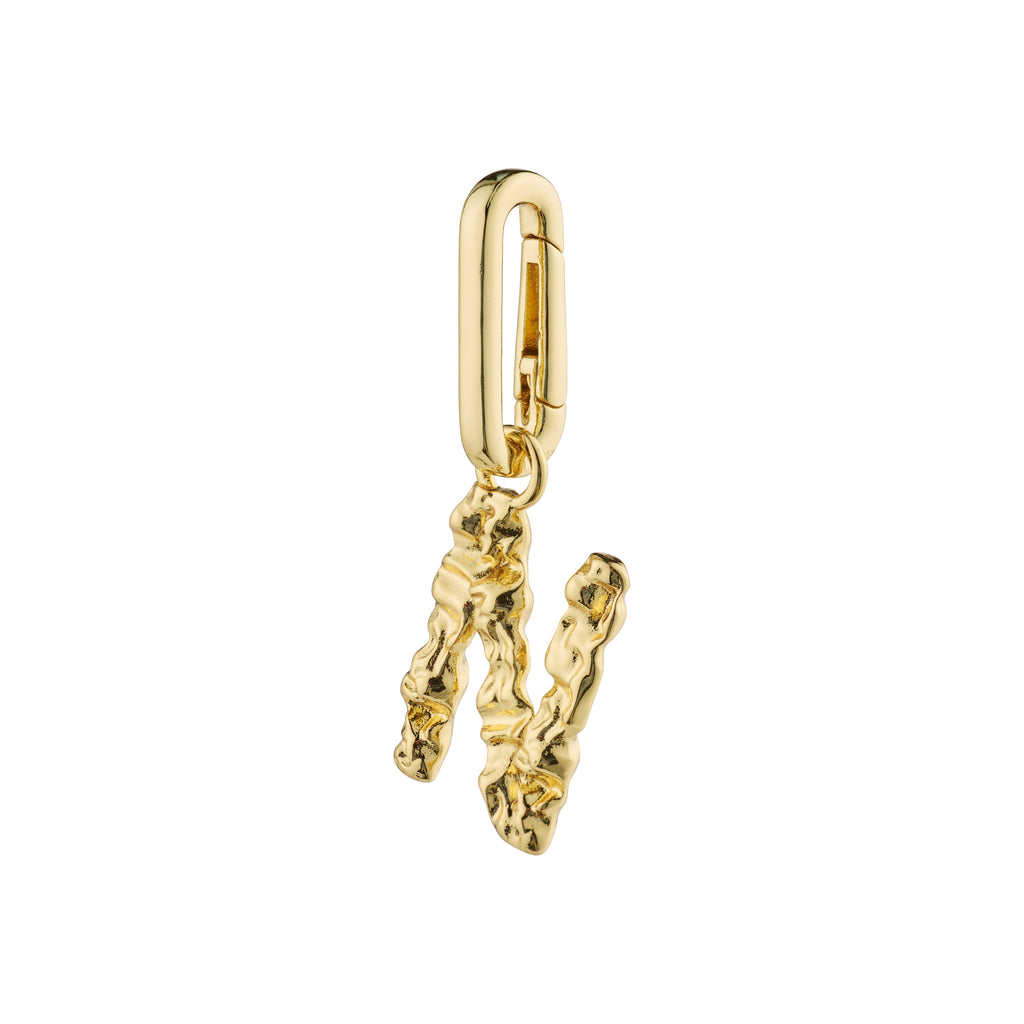 Gold-plated letter 'N' charm pendant from Pilgrim, offering a personalized statement with rustic design and eco-friendly materials.
