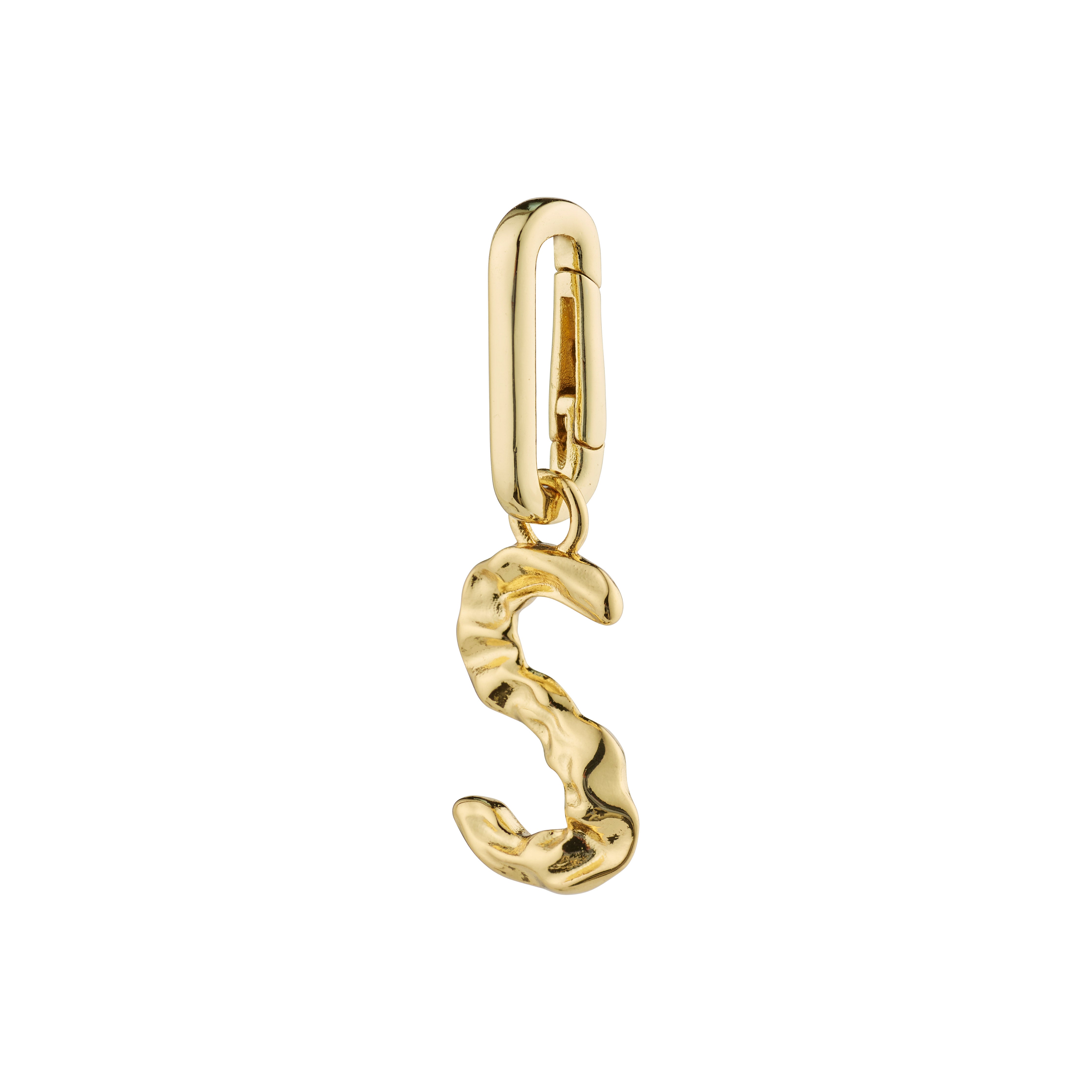 Gold-plated CHARM pendant 'S' from Pilgrim, showcasing a sleek design perfect for personalizing with other charms for a unique, stylish look.