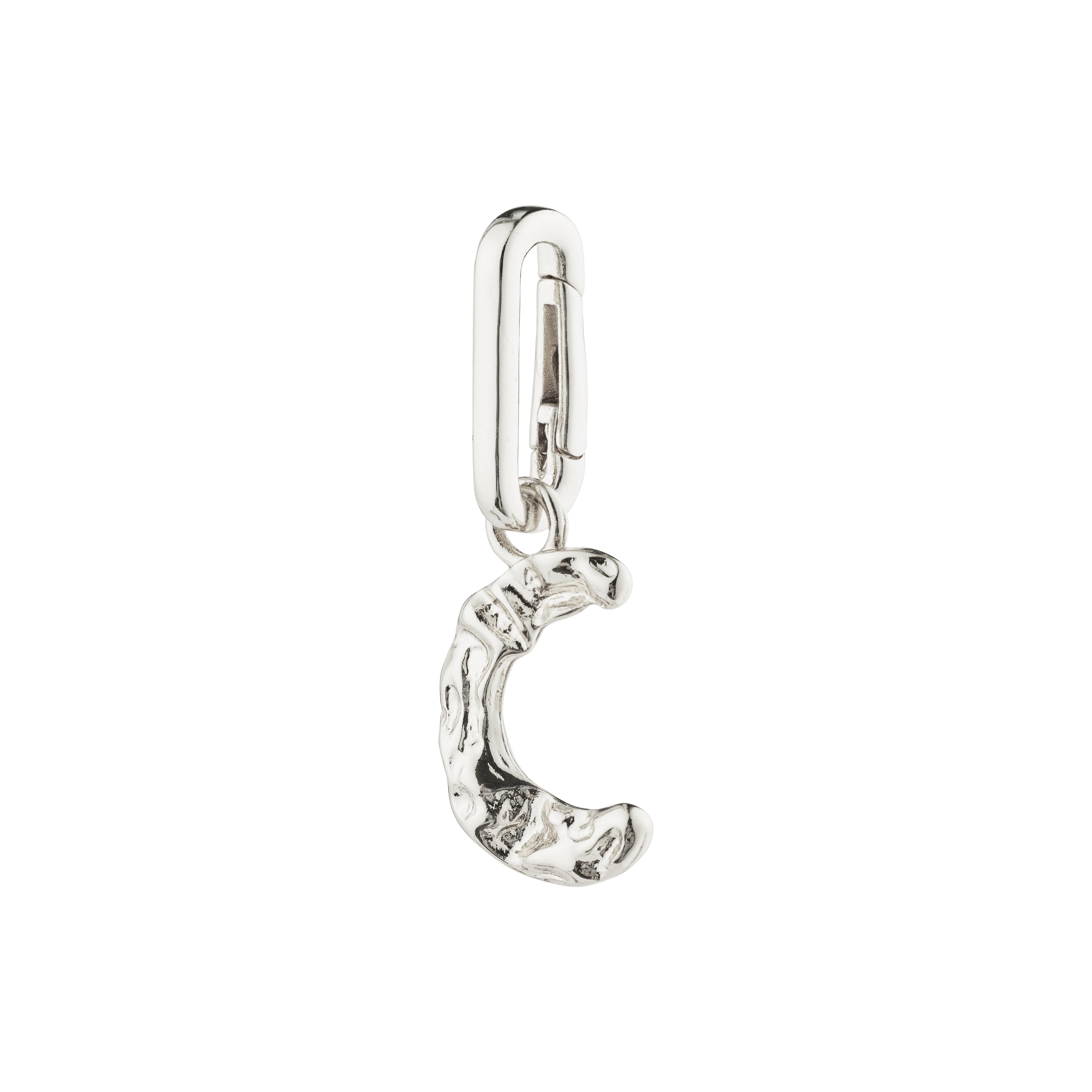 Silver-plated CHARM pendant C by Pilgrim, featuring a rustic letter design, perfect for personalizing with a chain or cord. Made from 99% recycled material.