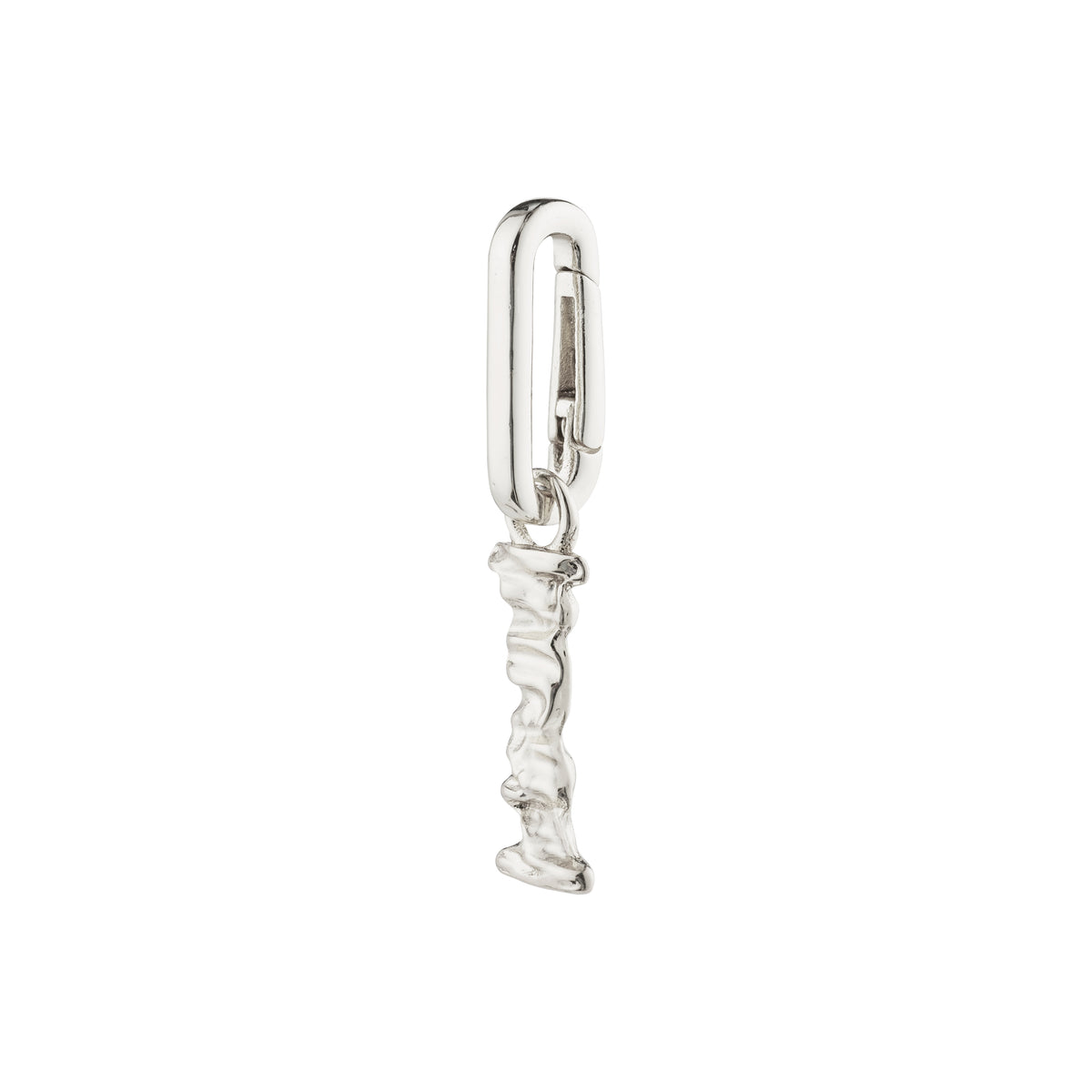 Silver-plated CHARM pendant I, featuring a rustic letter design, perfect for personalizing with a chain or cord. Made from 99% recycled material.