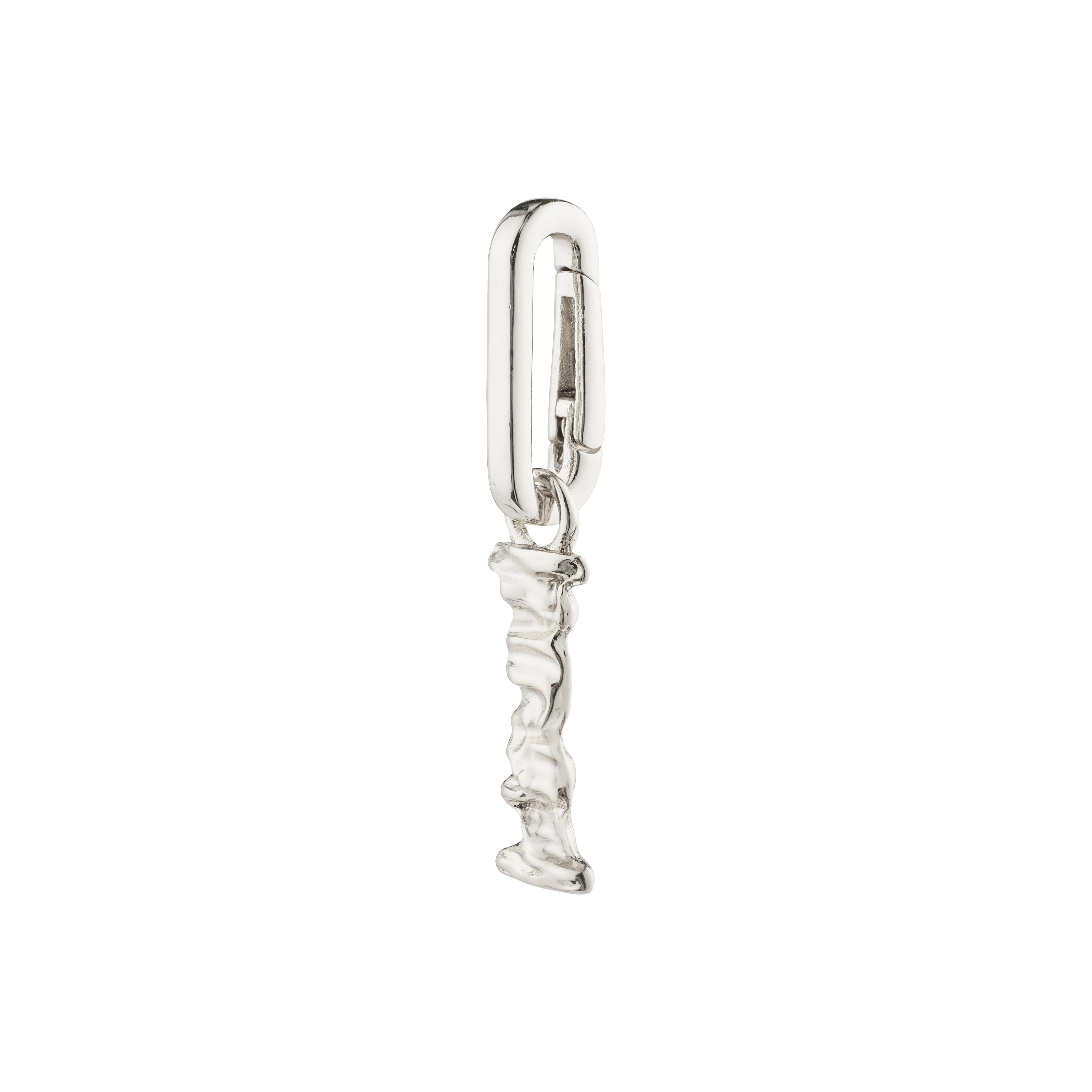 Silver-plated CHARM pendant I, featuring a rustic letter design, perfect for personalizing with a chain or cord. Made from 99% recycled material.