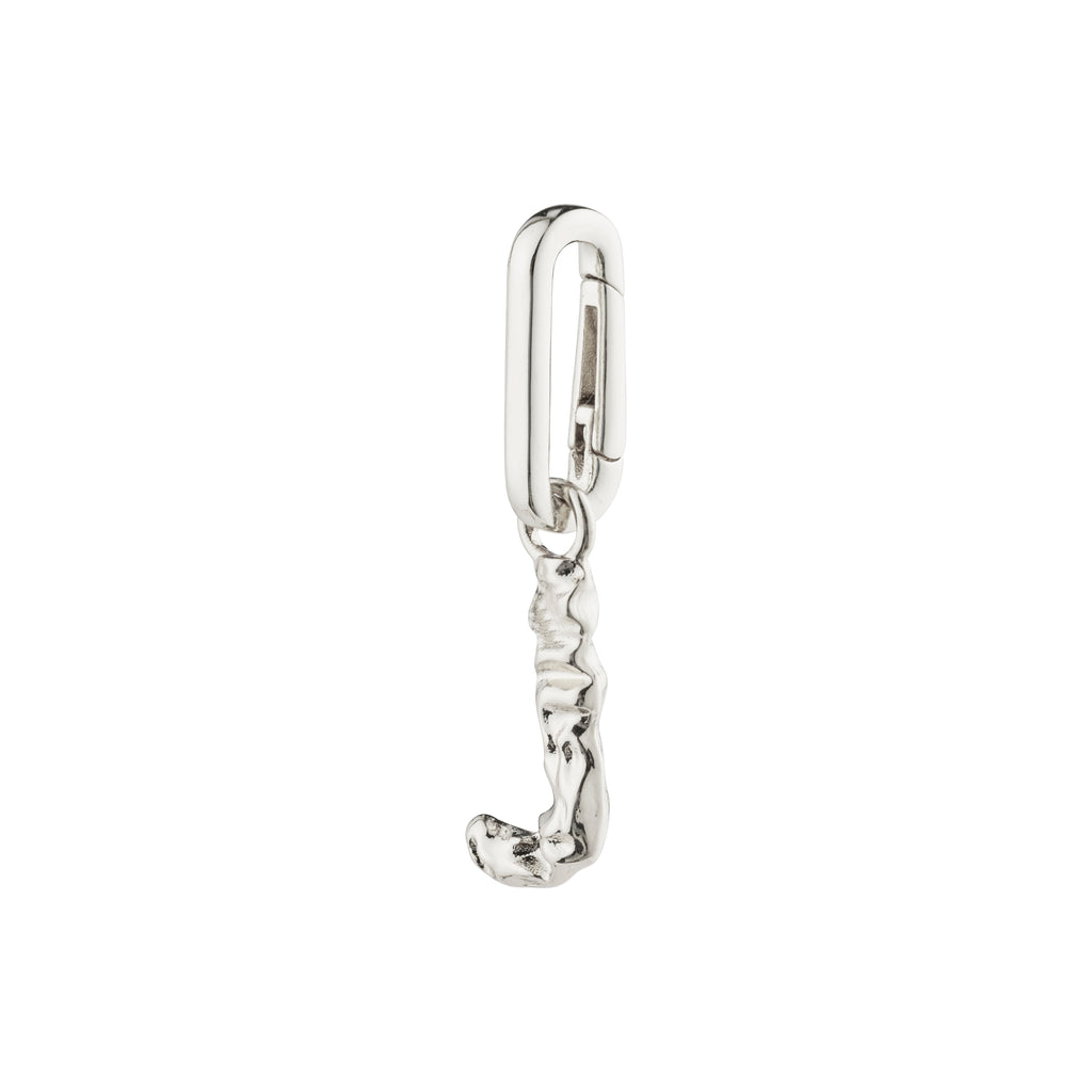 Silver-plated CHARM pendant J with a face design, ideal for personalized styling. Made from 99% recycled material, reflecting Pilgrim's commitment to sustainable fashion.