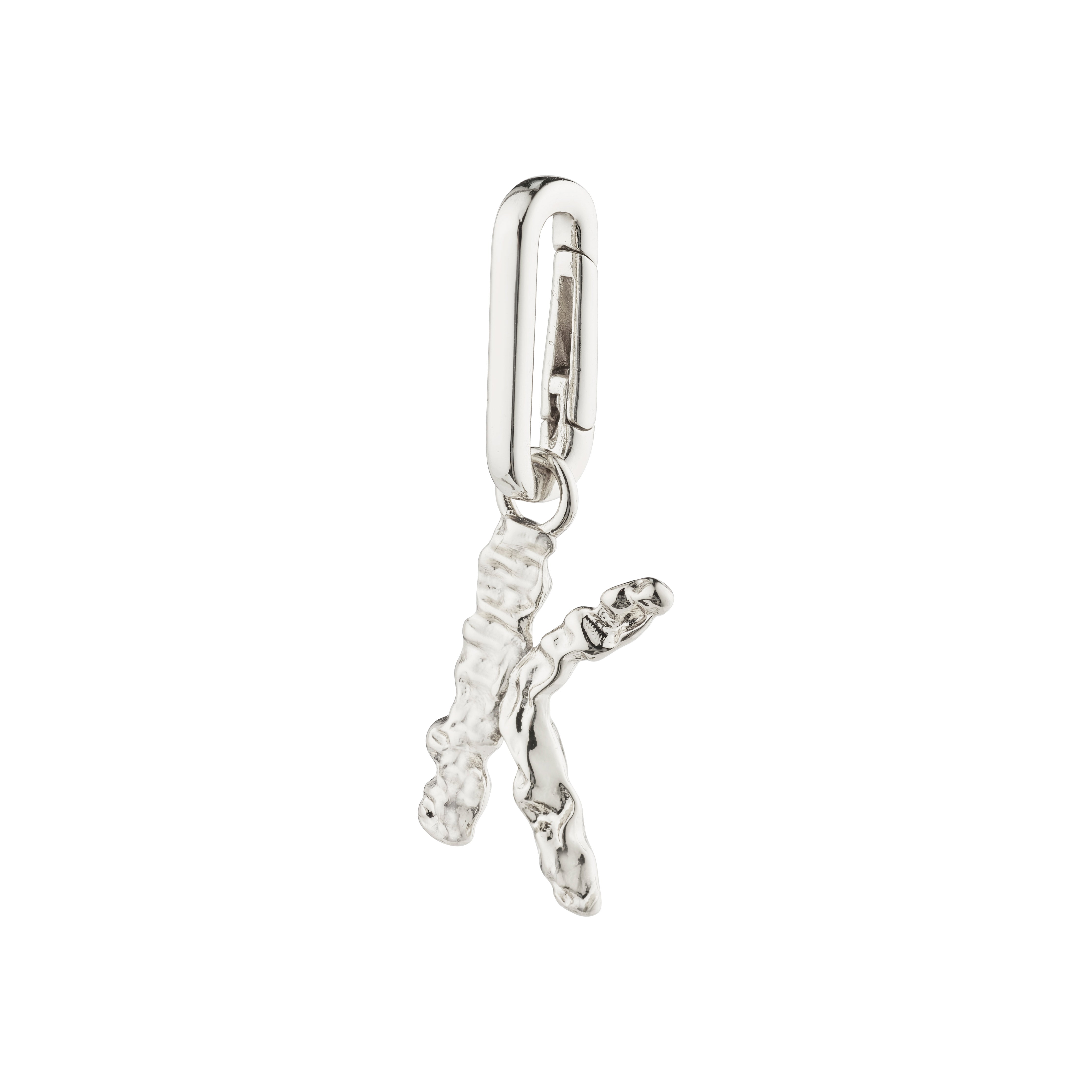 Silver-plated CHARM pendant K from Pilgrim, crafted from recycled materials, perfect for creating a personalized, stylish look on chains or cords.