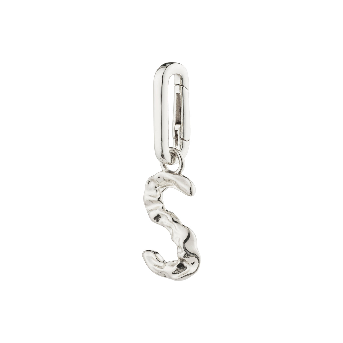 Silver-plated CHARM pendant 'S' from Pilgrim, showcasing a rustic design perfect for personalized styling with chains or cords, crafted from 99% recycled material.