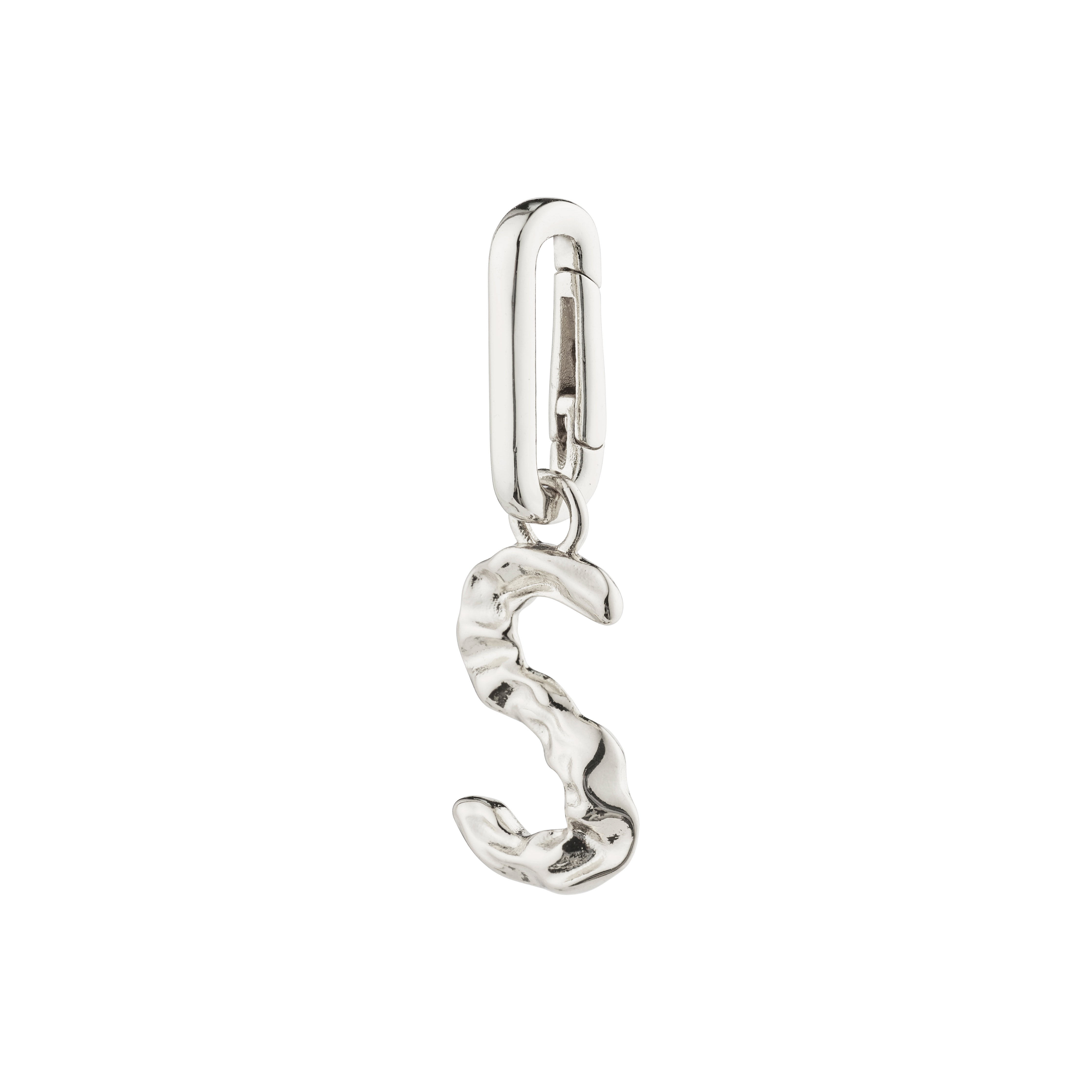 Silver-plated CHARM pendant 'S' from Pilgrim, showcasing a rustic design perfect for personalized styling with chains or cords, crafted from 99% recycled material.