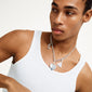 Silver-plated CHARM curb necklace, stylishly worn by a man in a white tank top, showcasing its edgy, industrial design and adjustable length.