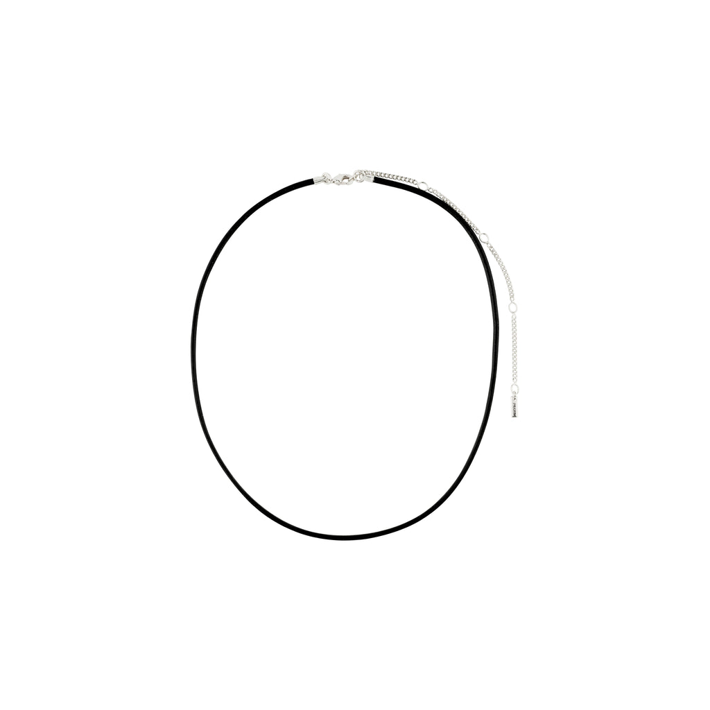 CHARM leather cord necklace in black with a silver-plated clasp and adjustable extension chain, perfect for adding charms and achieving a natural, boho look.