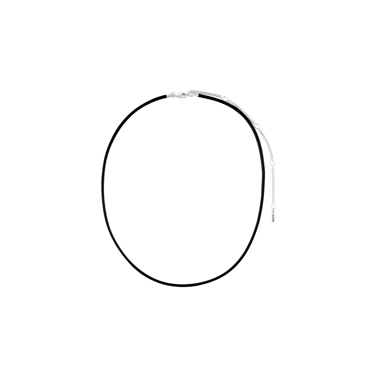 CHARM leather cord necklace in black with a silver-plated clasp and adjustable extension chain, perfect for adding charms and achieving a natural, boho look.