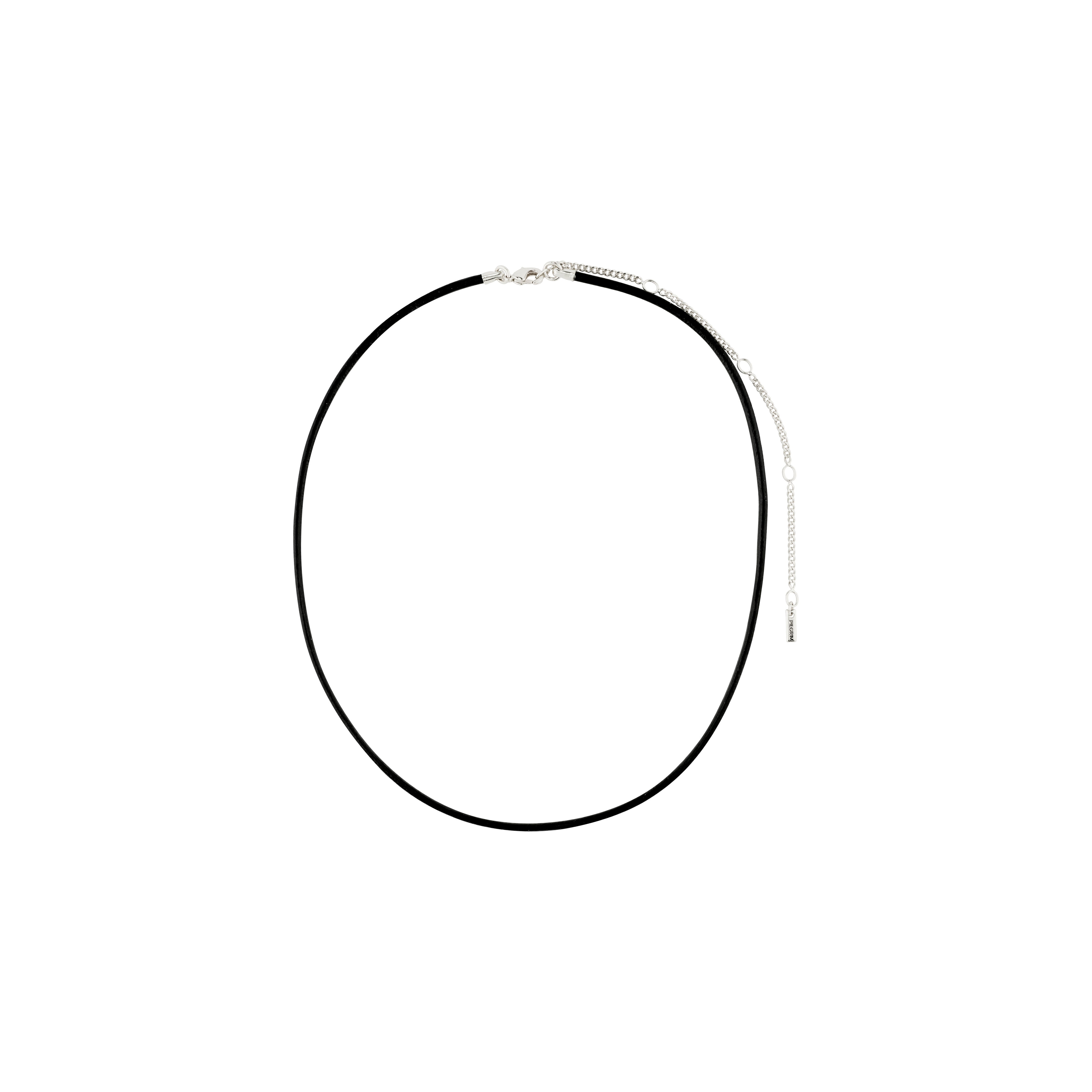 CHARM leather cord necklace in black with a silver-plated clasp and adjustable extension chain, perfect for adding charms and achieving a natural, boho look.