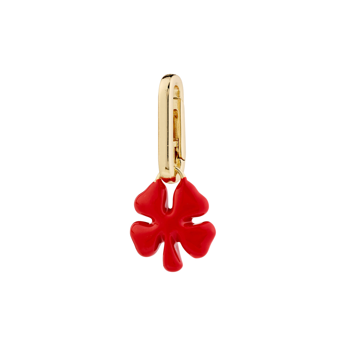 Gold-plated clover pendant with red enamel finish, designed by Pilgrim. Perfect for adding playful charm and luck to your accessories.