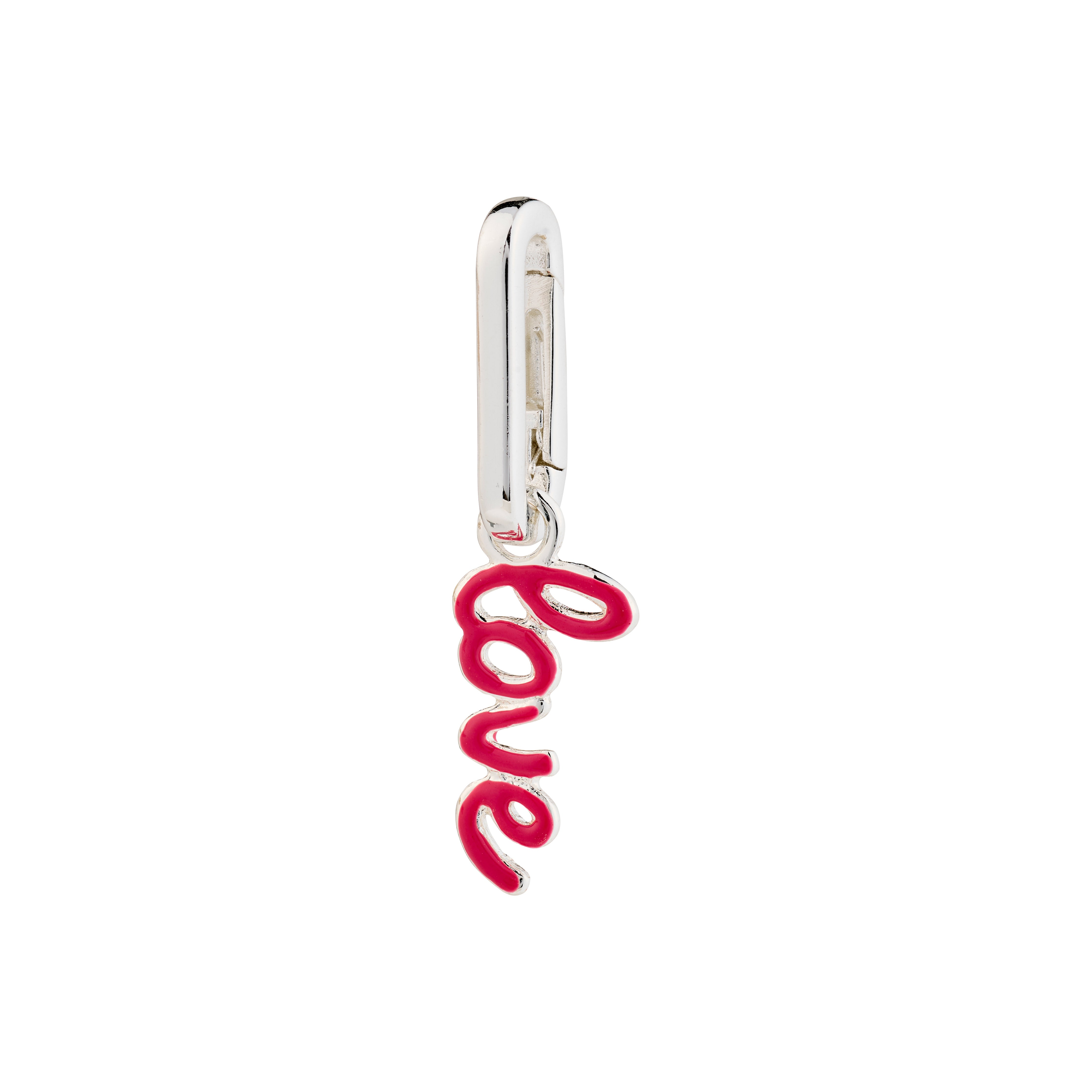 Silver-plated CHARM Love pendant with vibrant pink enamel, perfect for personalizing your style with a chunky chain or as a bag accessory.