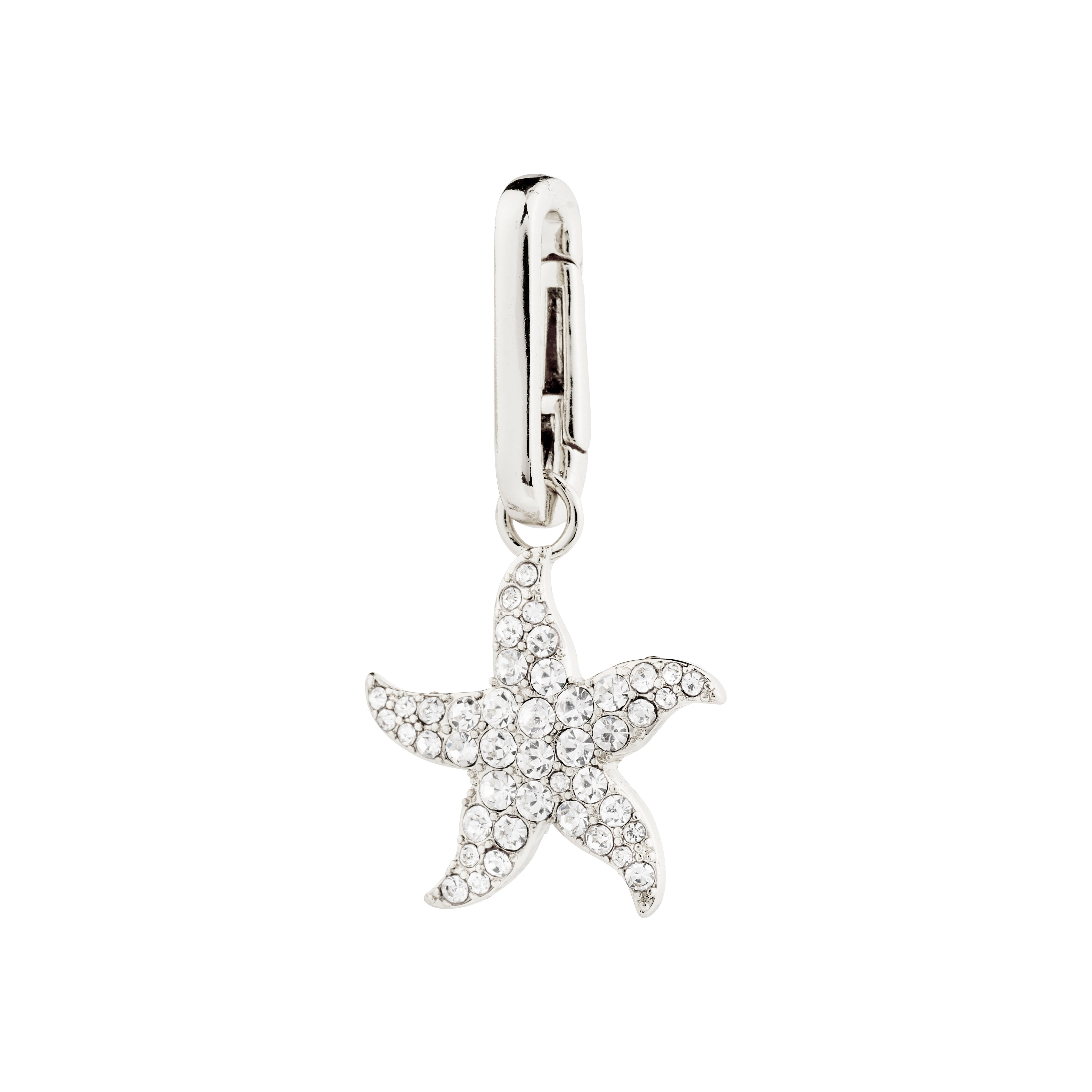 Silver-plated starfish pendant adorned with sparkling Preciosa crystals, designed by Pilgrim for adding a unique, personal touch to your style.