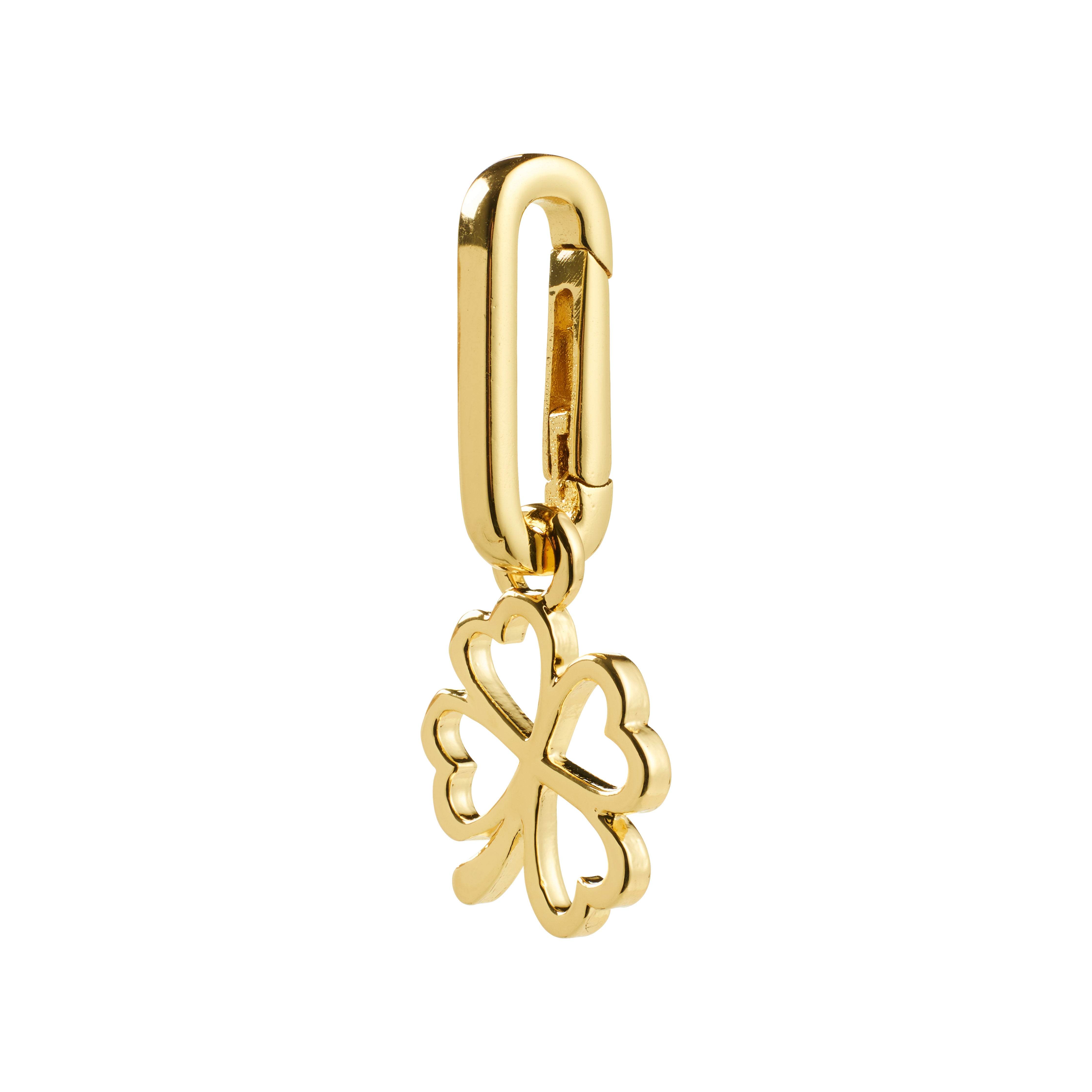 Gold-plated CHARM clover pendant with heart-shaped leaves and carabiner clasp, perfect for necklaces or accessories, made from 99% recycled materials.