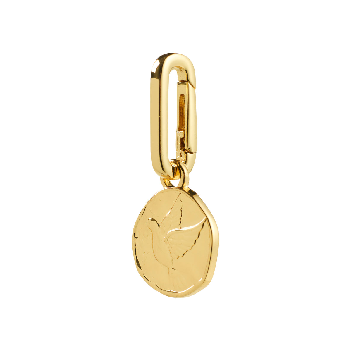 Pilgrim CHARM peace dove pendant, gold-plated: A rustic hammered coin with a dove motif, hanging from a small, gold-tone carabiner clasp, crafted from recycled materials.