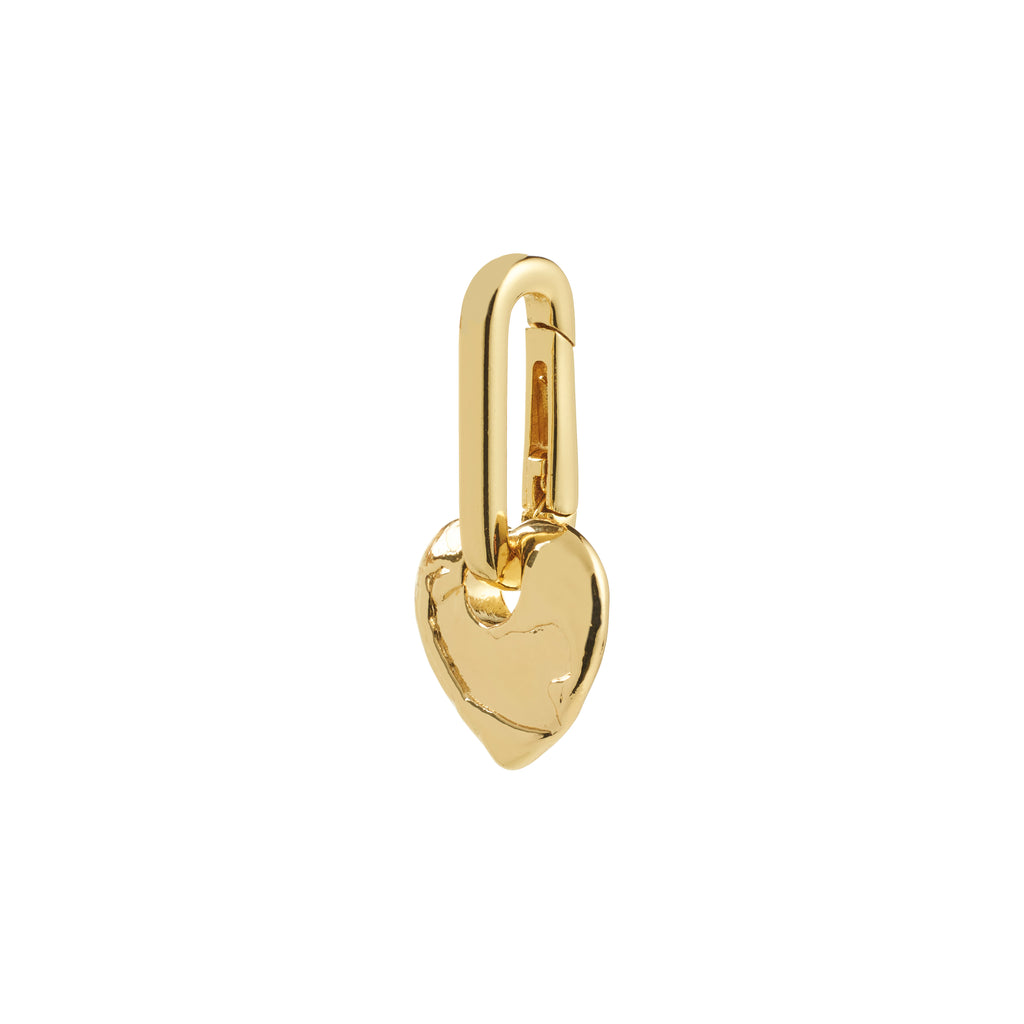 Gold-plated CHARM rough heart pendant earring with an elongated hoop and irregular heart charm. Crafted from 99% recycled materials for a unique, sustainable style statement.