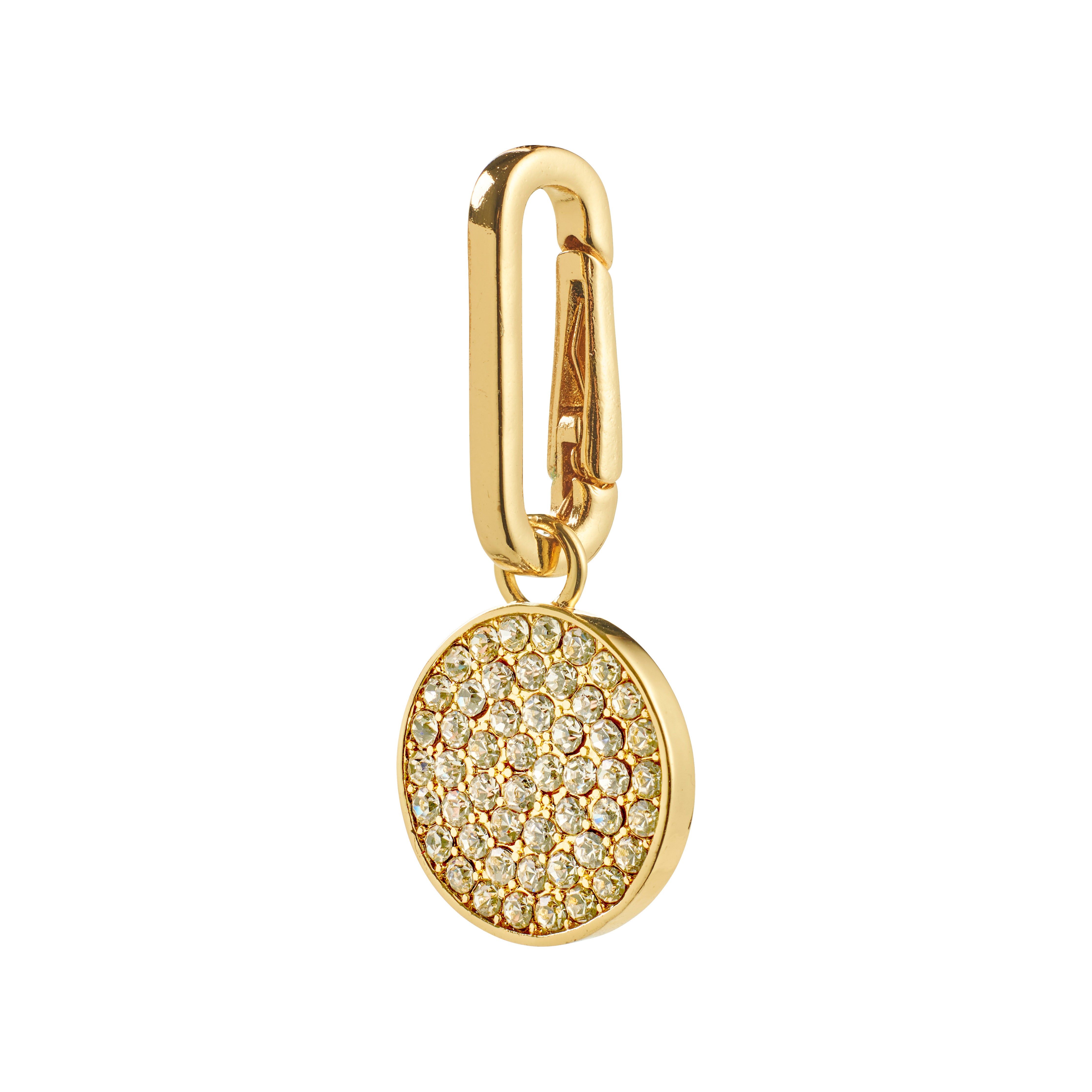 CHARM crystal coin pendant, gold-plated: A sparkling round pendant encrusted with clear crystals, attached to a gold-tone clip, perfect for personalizing accessories.