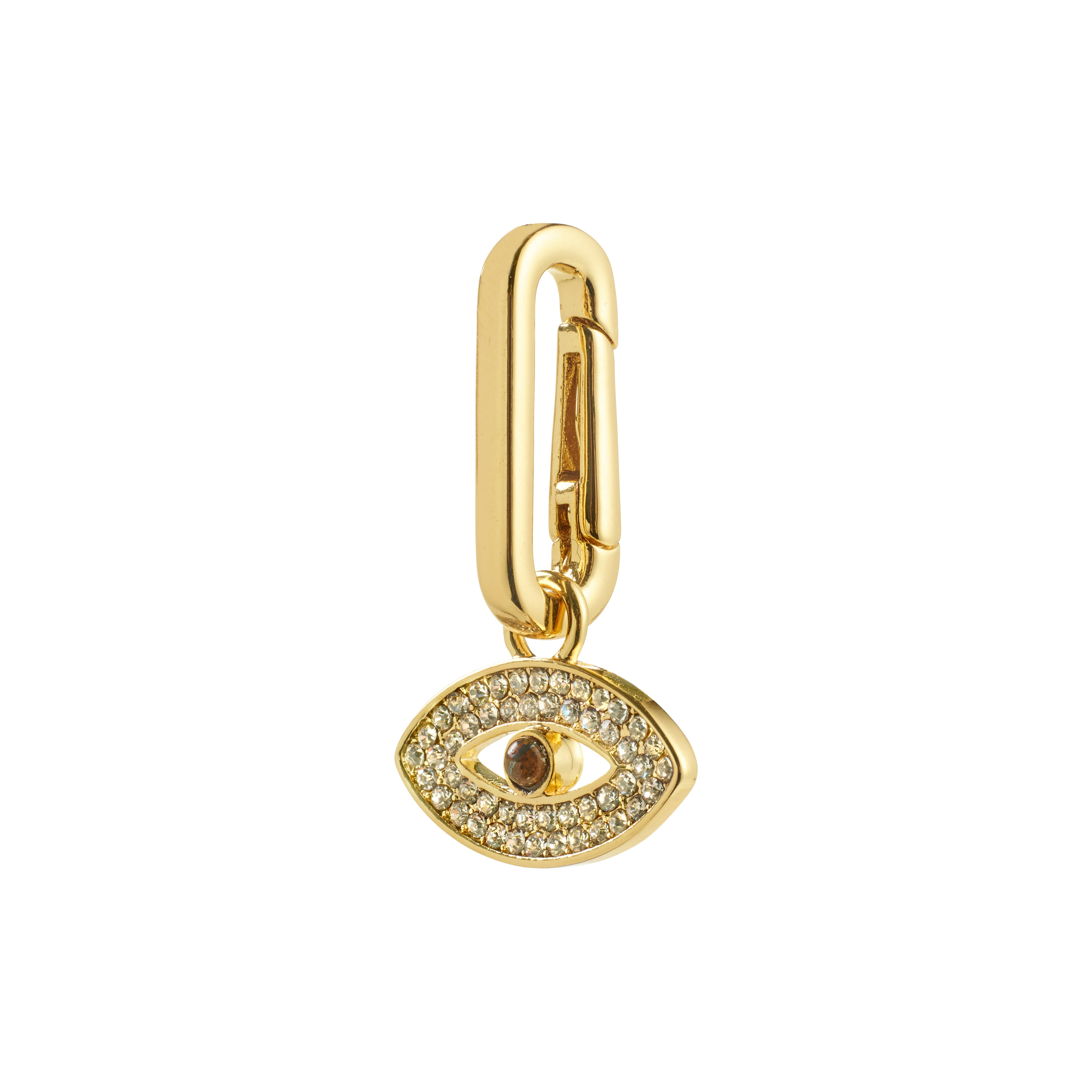 Pilgrim's CHARM eye pendant, gold-plated, features a crystal-embellished eye medallion with a carabiner clasp, perfect for adding mystical allure to any accessory.