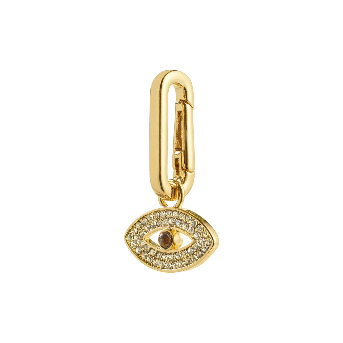Pilgrim's CHARM eye pendant, gold-plated, features a crystal-embellished eye medallion with a carabiner clasp, perfect for adding mystical allure to any accessory.