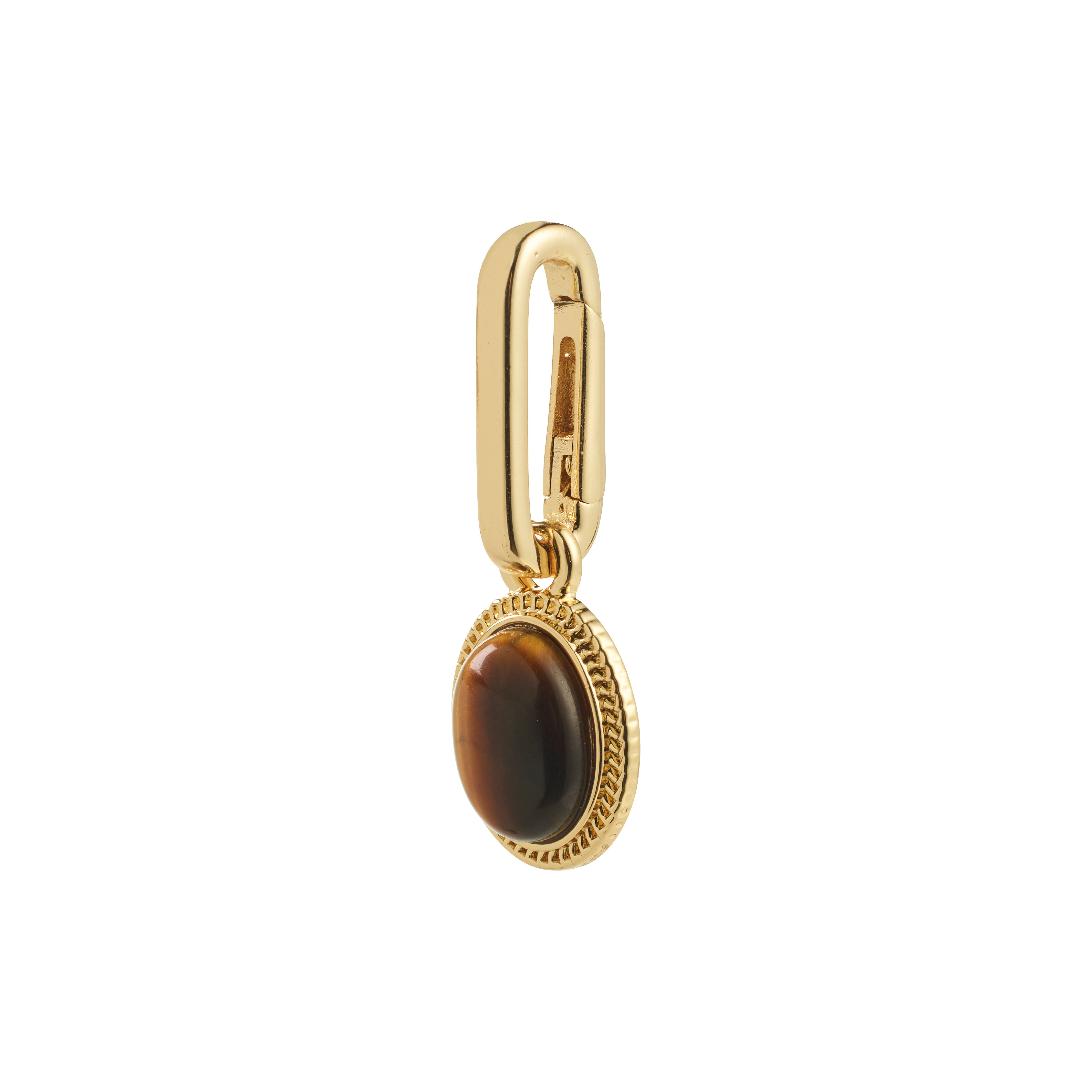 Gold-plated CHARM medallion pendant featuring an oval Tiger Eye stone in a textured bezel, hanging from a hinged clasp. Perfect for personalized, stylish wear.
