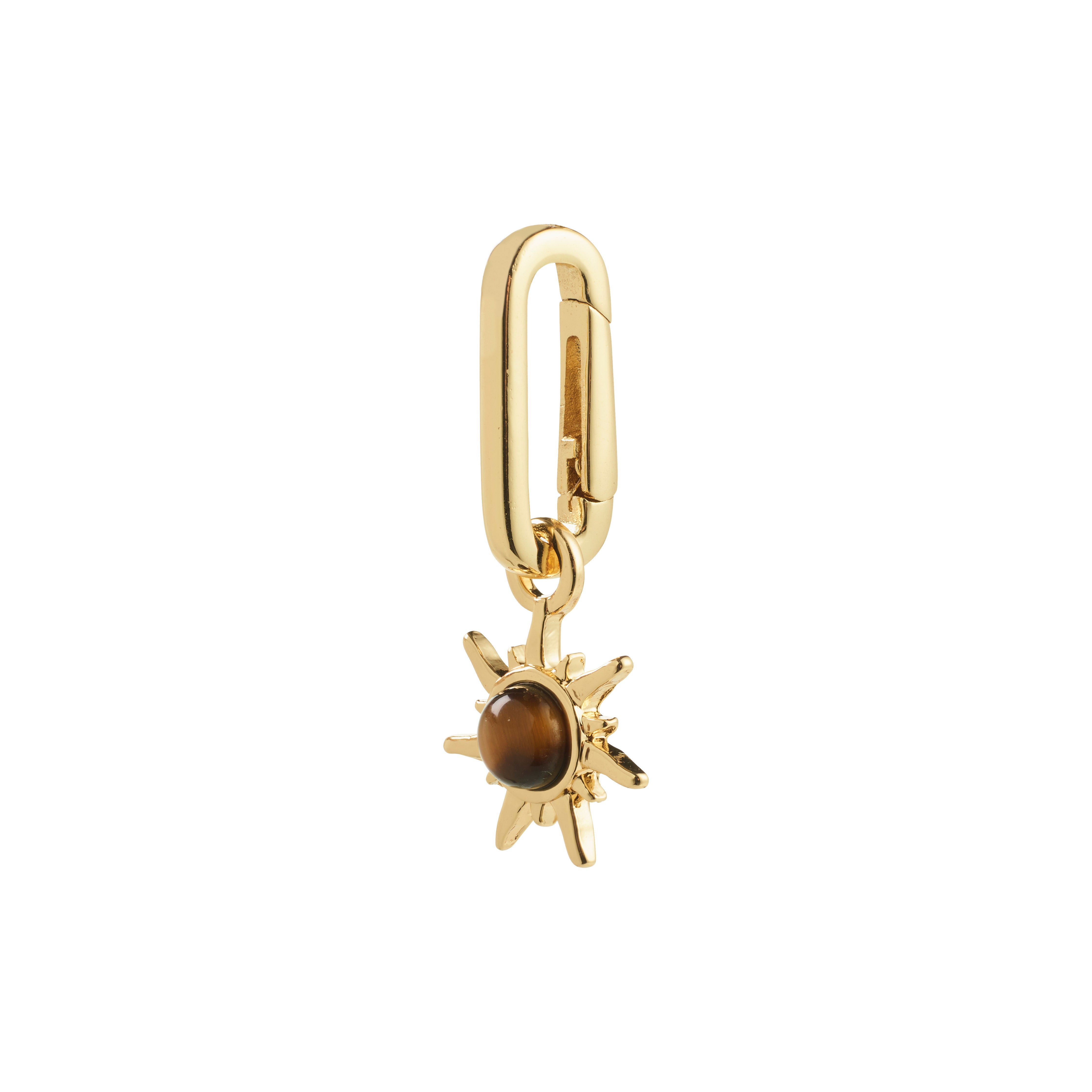 Pilgrim's CHARM bright pendant: a gold-plated hoop earring with a sunburst pendant featuring a central tiger's-eye stone, symbolizing energy and personal style.