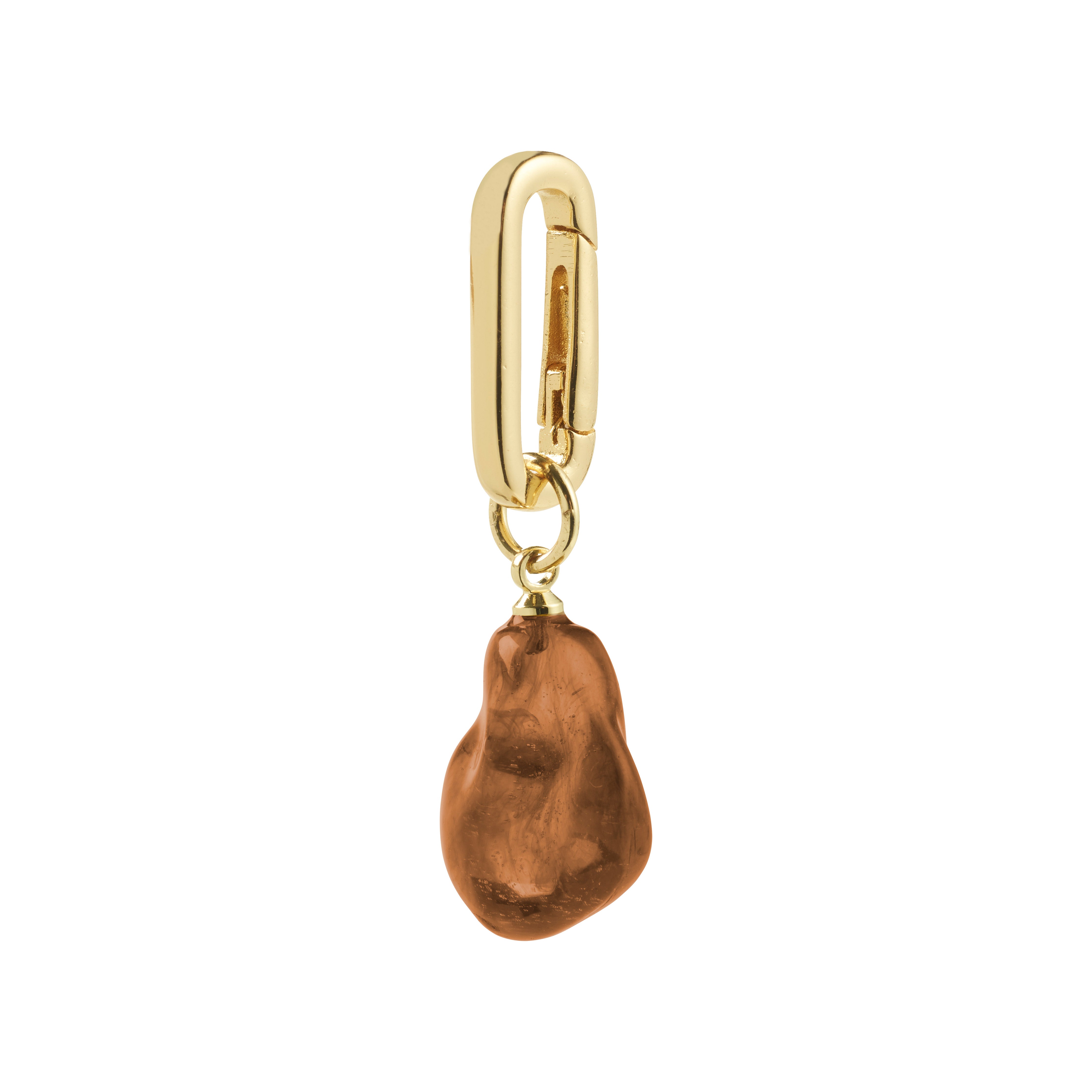 Gold-plated CHARM mold pendant with a freeform amber bead hanging from a carabiner-style clasp, embodying a boho vibe and crafted from 99% recycled material.