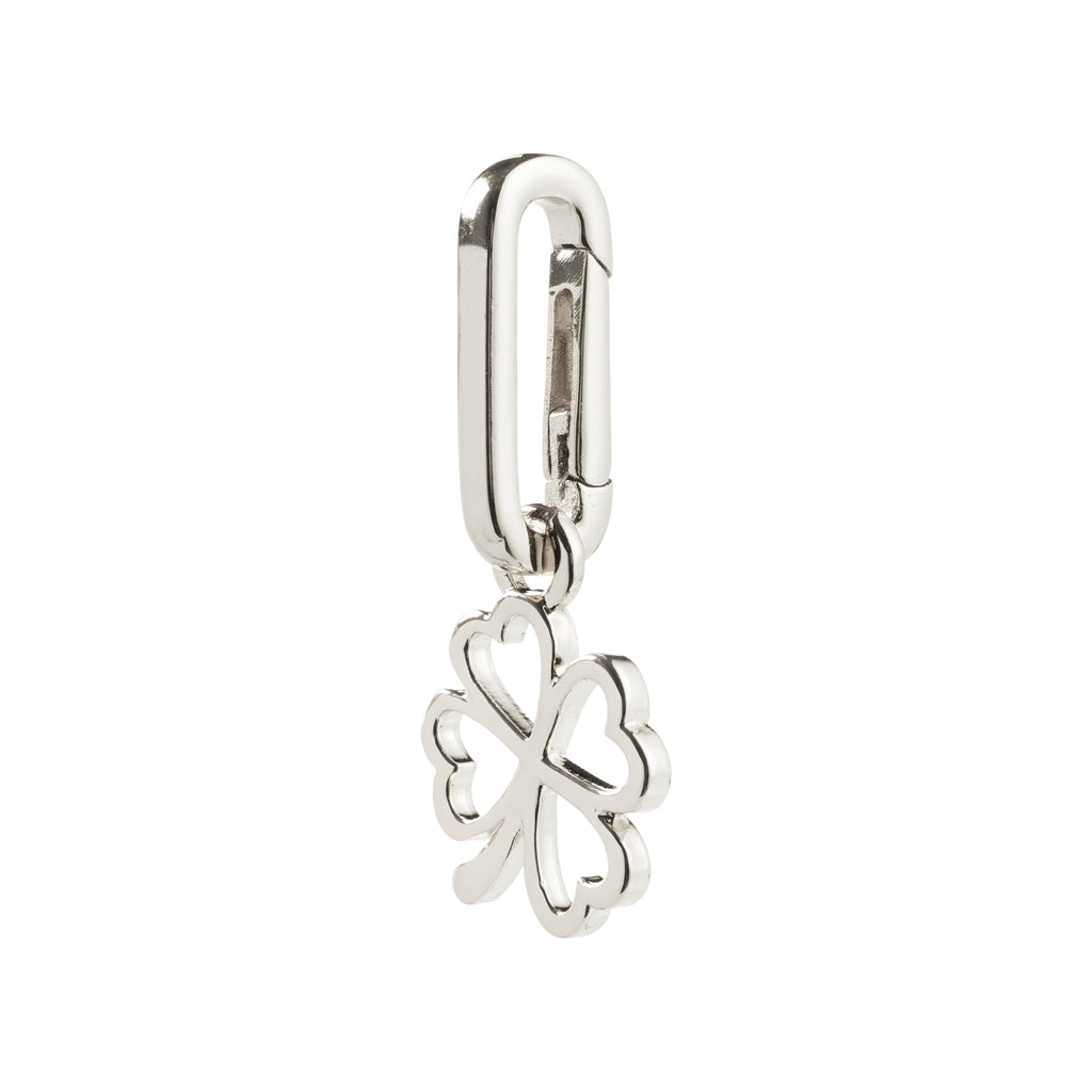 Silver-plated CHARM clover pendant with heart-shaped leaves on a carabiner clasp, perfect for adding a lucky, personalized touch to jewelry or accessories.