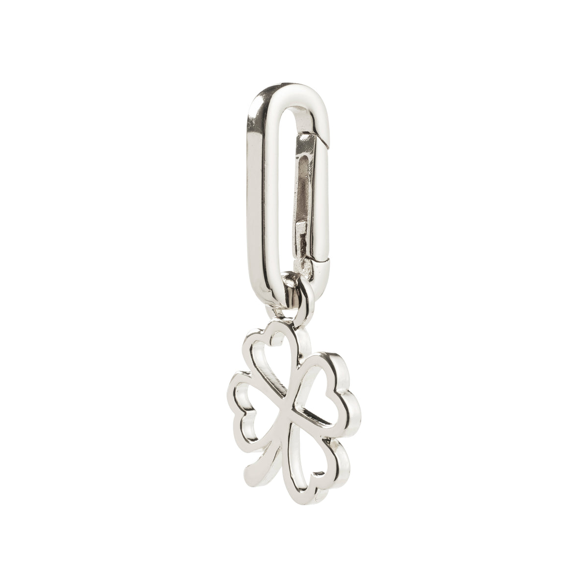 Silver-plated CHARM clover pendant with heart-shaped leaves on a carabiner clasp, perfect for adding a lucky, personalized touch to jewelry or accessories.