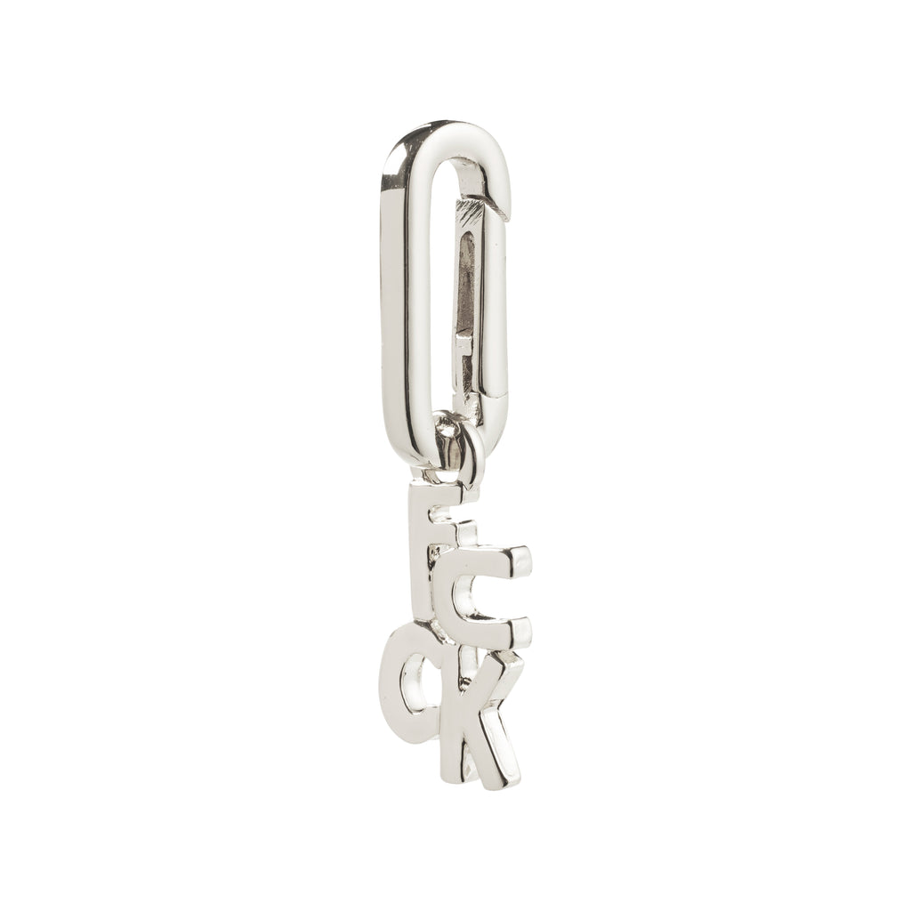 Silver-plated CHARM f... pendant with alphabetic block letters F E C K, hanging from a tubular carabiner clip, perfect for bold, personalized styling.