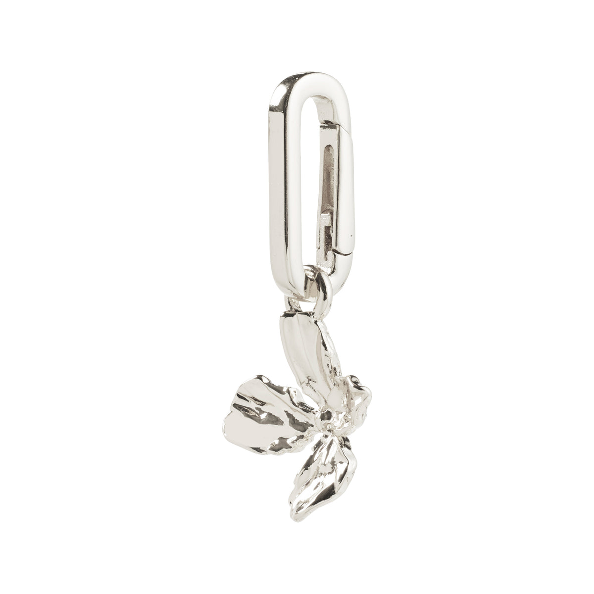 Silver-plated CHARM flower pendant with a carabiner clasp, perfect for adding a boho vibe to jewelry or accessories, crafted from 99% recycled material.