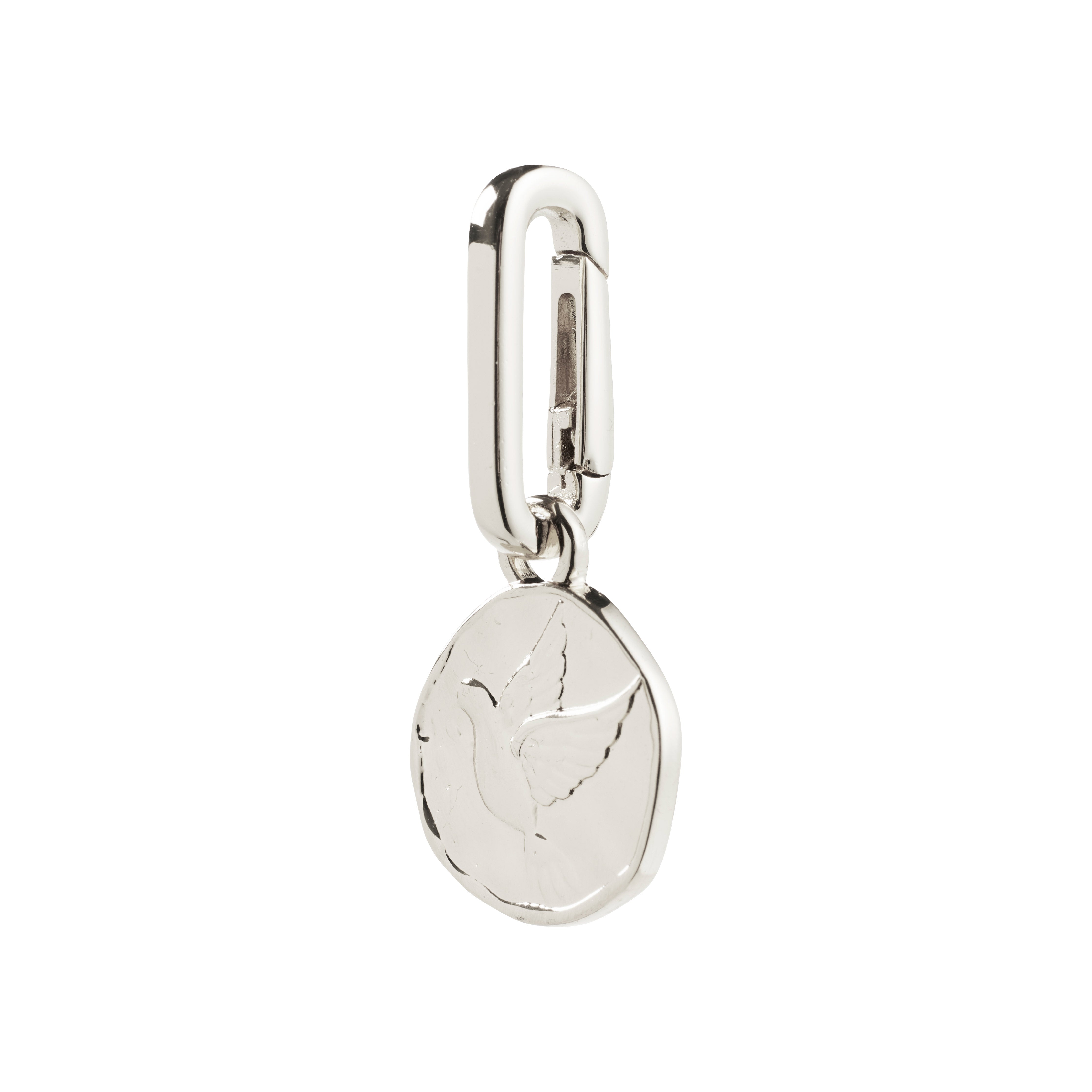 Silver-plated CHARM peace dove pendant with a rustic medallion design, clipped to a carabiner-style hook, symbolizing calm and harmony, ideal for personalized accessories.